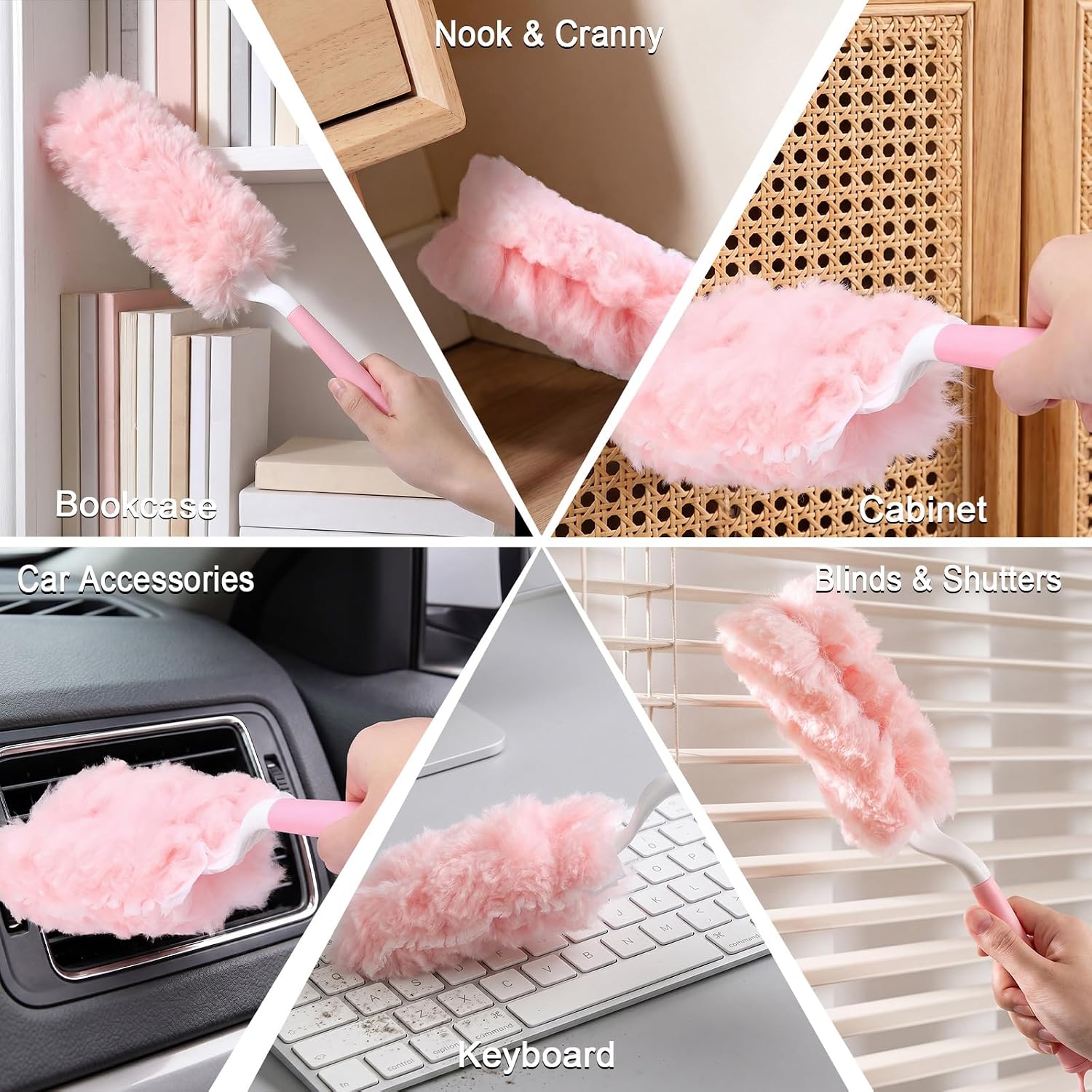 Mifoci 60 Count Pink Duster Refills Compatible with Swiffer Handle, Disposable 360° Multi-Surface Electrostatic Dusting Pads with 1 Handle Cleaner Kit for Blinds Ceiling Fans Furniture Cleaning
