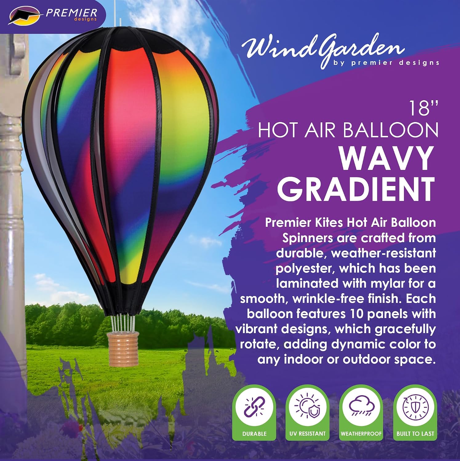 Hot Air Balloon Hanging Garden Spinner 18" - Vibrant Wavy Gradient Design, Weather-Resistant Outdoor Decor, Durable & Lightweight for Patios, Yards, and Gardens - Eye-Catching Wind Spinner