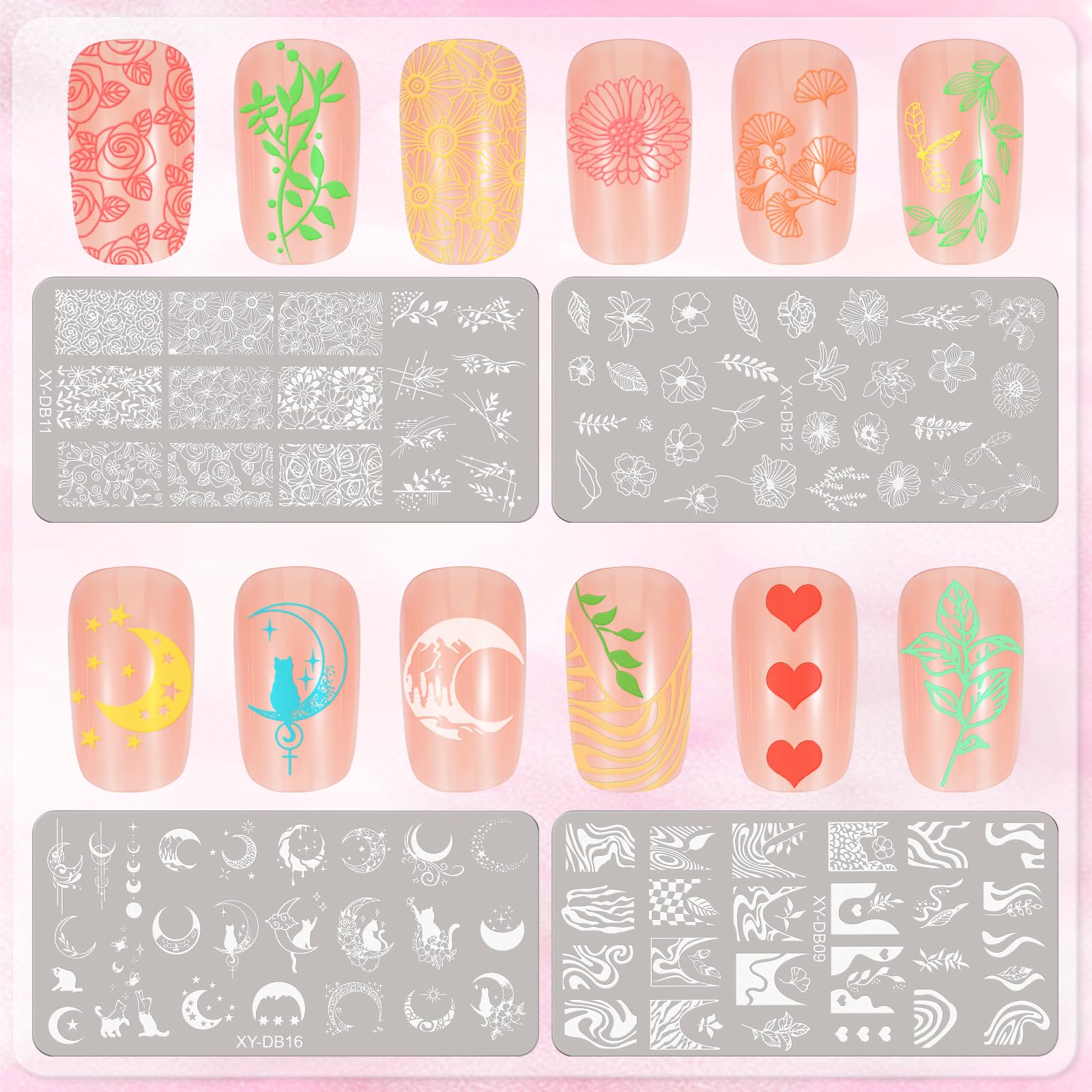 MWOOT 4 Pezzi Stamping Nail Art, Linee Fiore Foglie Luna Gatto Stencil Unghie Nail Art, Unghie Piastre French Manicure Nail Piastra, Unghie Timbro Scraper Piatti Templates per Decorazione Unghie