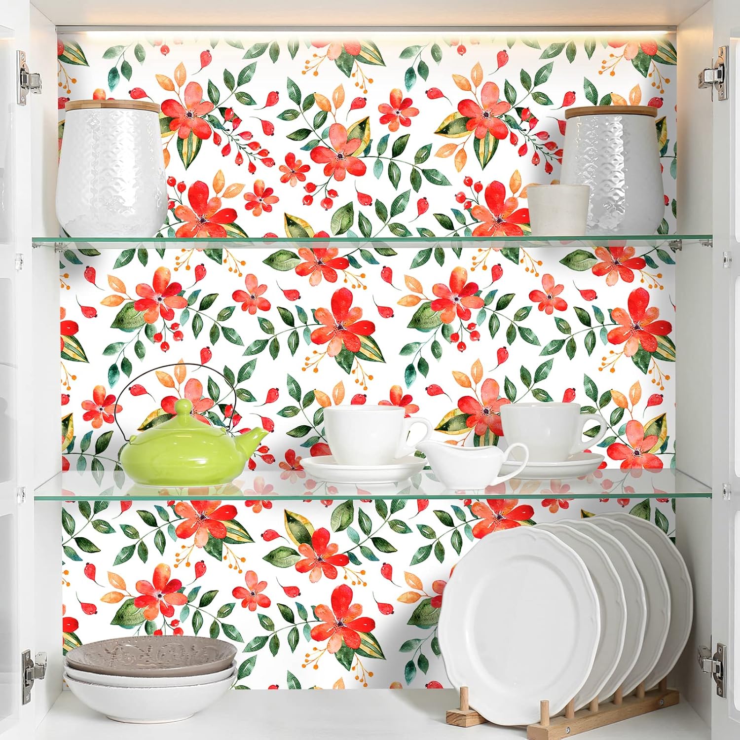 Red Green Floral Wallpaper Peel and Stick Botanical Leaf Flower Wallpaper for Bedroom Laundry Room Walls Covering 24"x118" Removable Red Decorative Floral Contact Paper for Cabinets Drawers