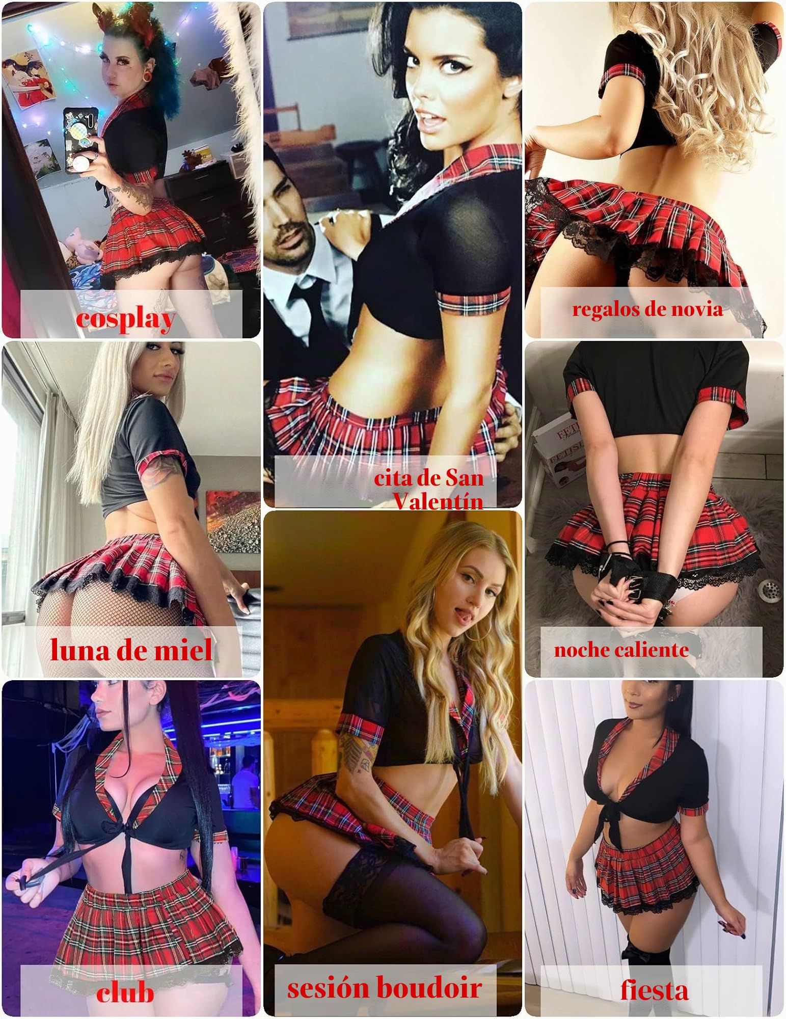 Avidlove Lencería Sexy para Mujer Conjunto de Push Up Romántica Disfraz Estudiantes Minifalda a Cuadros Traje