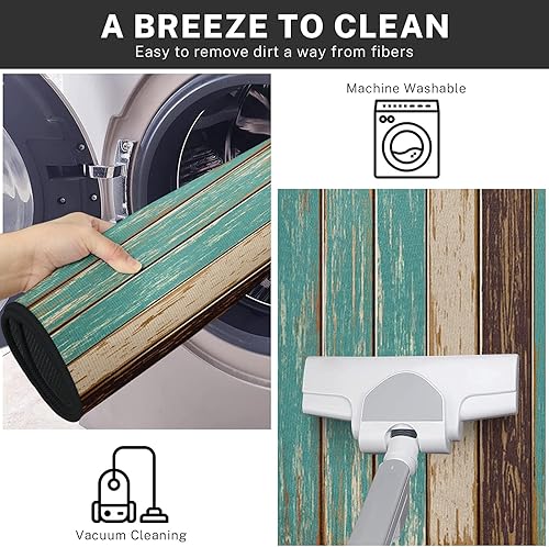 Miniatura 6 de Juego de 2 alfombras y tapetes rústicos de cocina antideslizantes, lavables, color verde azulado de madera para suelo, alfombra de pasillo de rayas