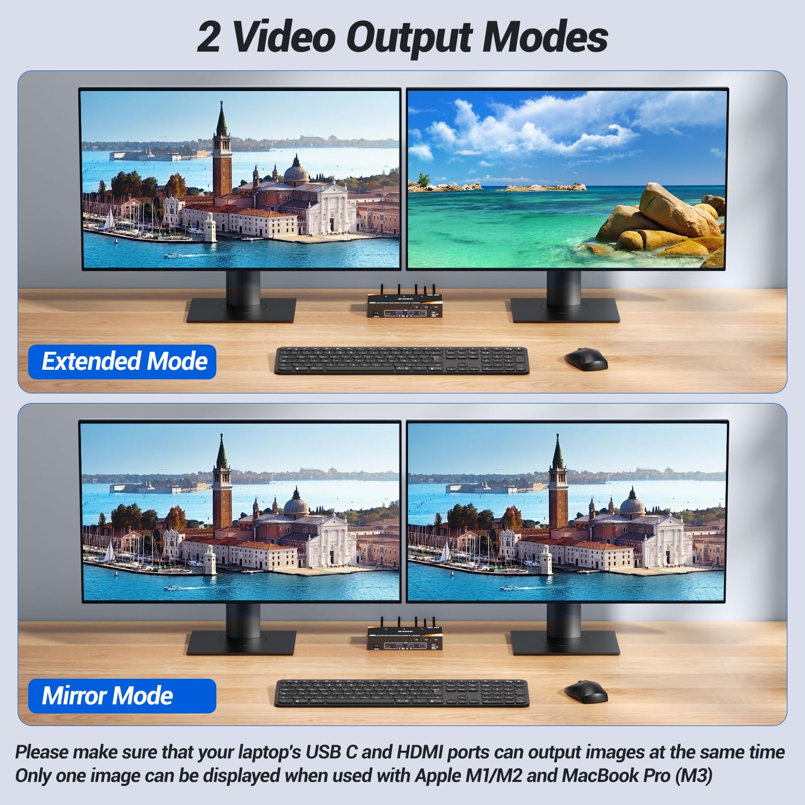 KVM Switch 3 PC 2 Monitore USB-C HDMI, USB 3.0 Dual Monitor KVM Switch für 2 Laptops 1 Desktop Teilen 4 Geräte Tastatur Maus, 100W PD, 4K@60Hz, Wired Remote(4K USB C HDMI 3 in 2 out KVM)