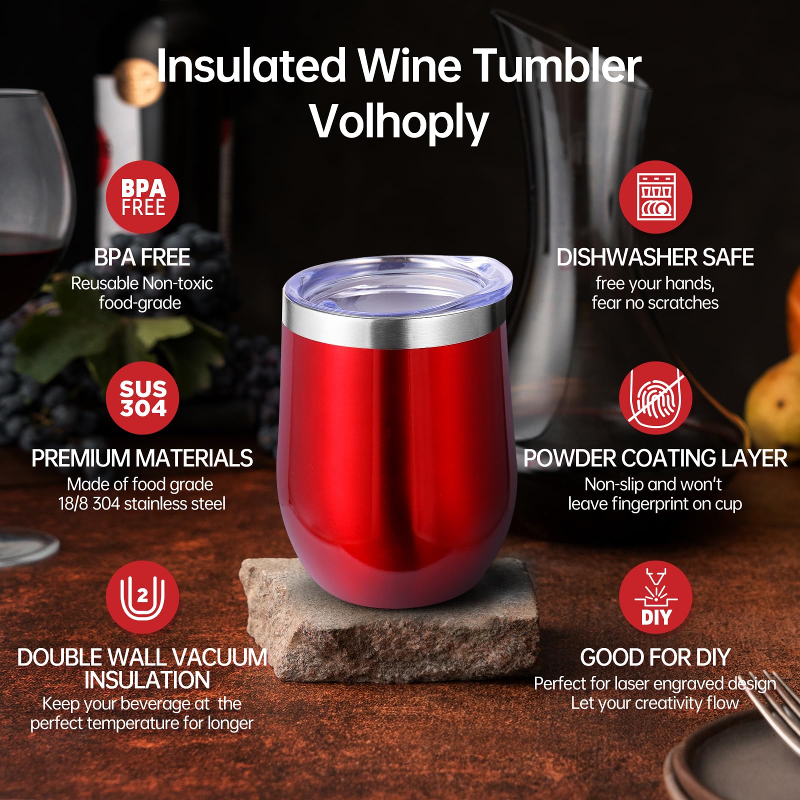 Volhoply Lot de 8 verres à vin sans pied à double paroi en acier inoxydable de 355 ml avec couvercle – Gobelets isothermes réutilisables en métal avec paille – Cadeaux de Noël pour femme (mixte)