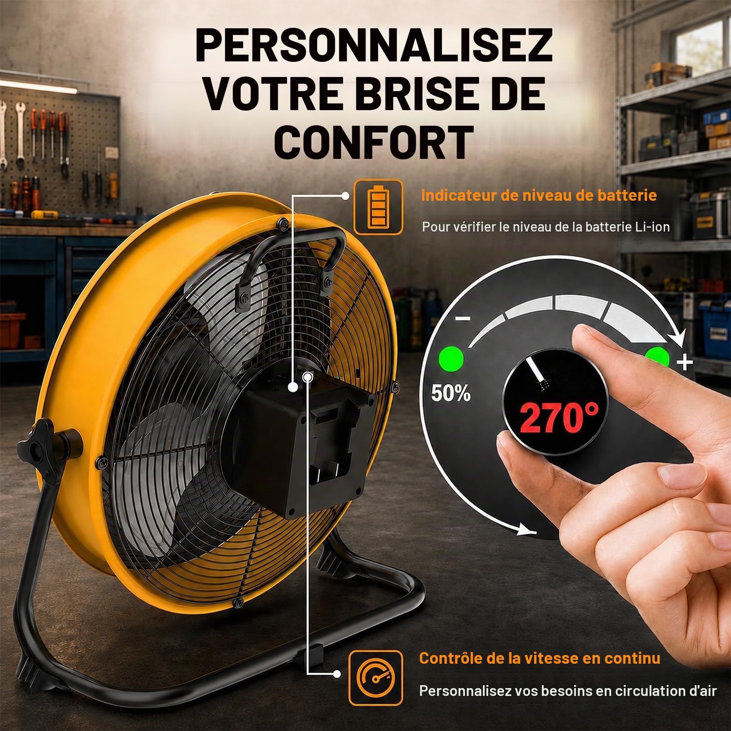 T-SUN Ventilateur de sol rechargeable de 30,5 cm compatible avec le ventilateur de batterie Dewalt 18 V/20 V avec lumière LED, port USB de type C, vitesses continues, ventilateur industriel sans fil