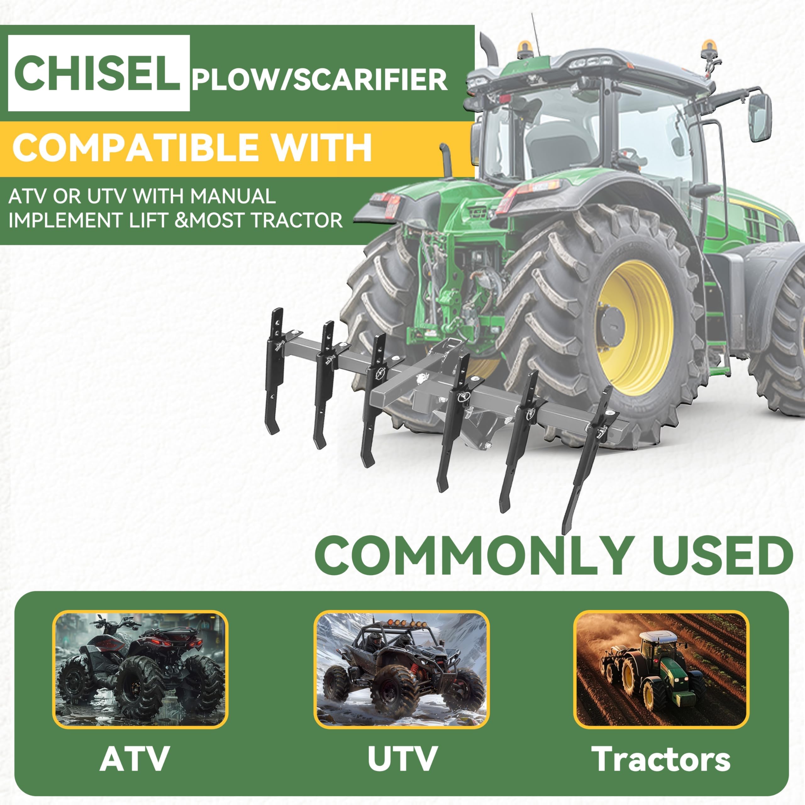 KUAFU ATV/UTV Chisel Plow Scarifier Implement w/ 6 Independently Adjustable Chisels Fit for ATV UTV Most Lawn/Garden Tractors Universal Cultivator Attachments Steel Power Coated