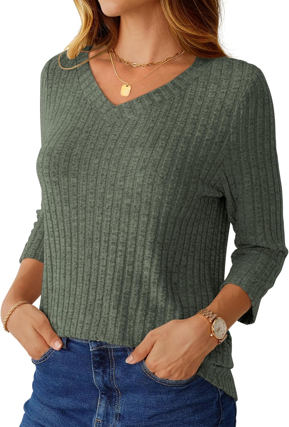 NORACORA V Neck 3/4 Length Sleeve Shirts for Women Casual Fall Tops Lightweight Tunic Sweaters 2025 - Image 2