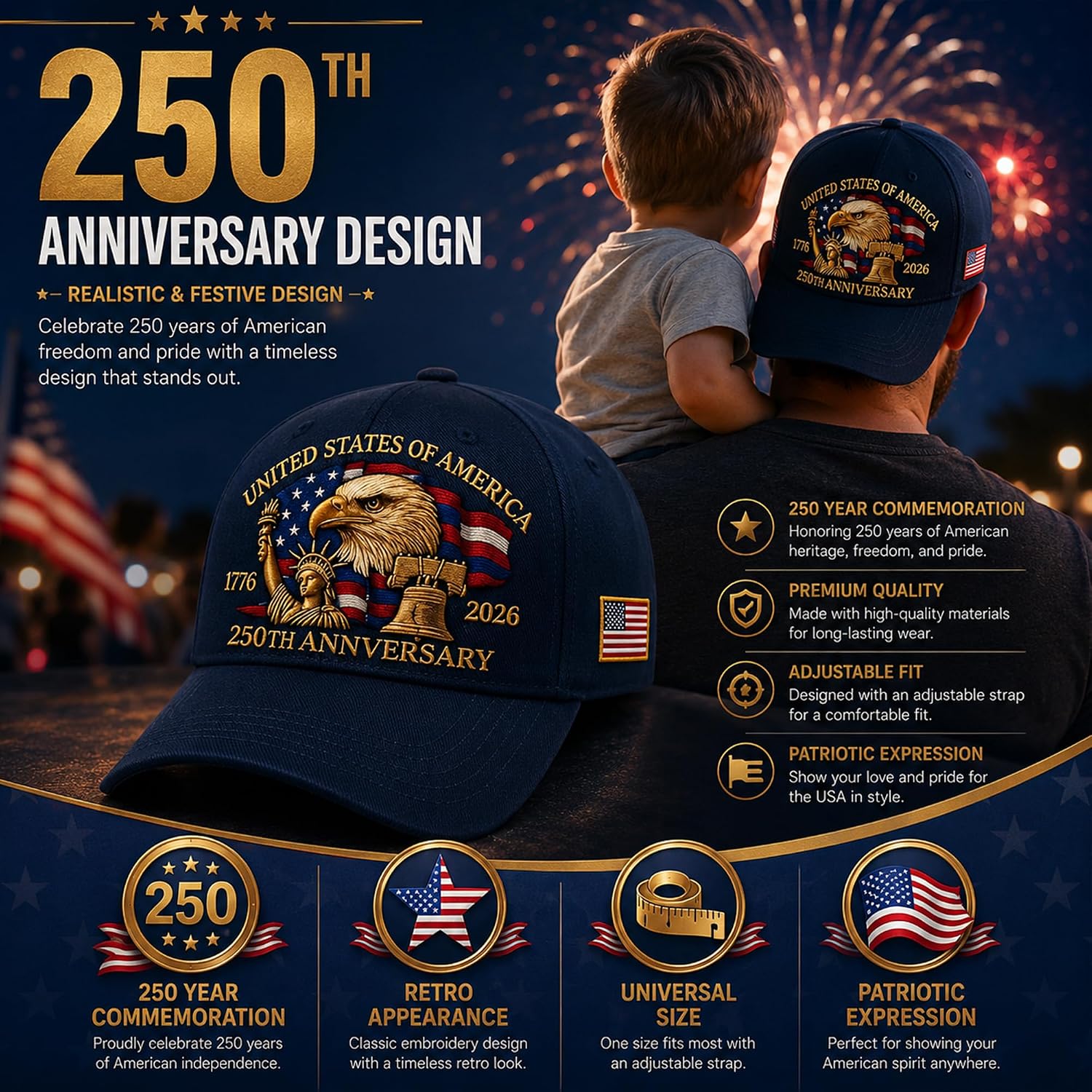 USA 250 Anniversary 1776-2026 Hat for Men Women, Patriotic Hat Baseball Cap, Semiquincentennial 4th of July Independence Day Men Hat