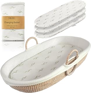 Seagrass Baby Changing Basket Set w/Soft Basket Cover, Comfy Pad & 3 Waterproof Bamboo Jacquard Covers - Organic Handwoven Moses Basket for Babies CPSC Compliant - Boho Changing Basket for Dresser