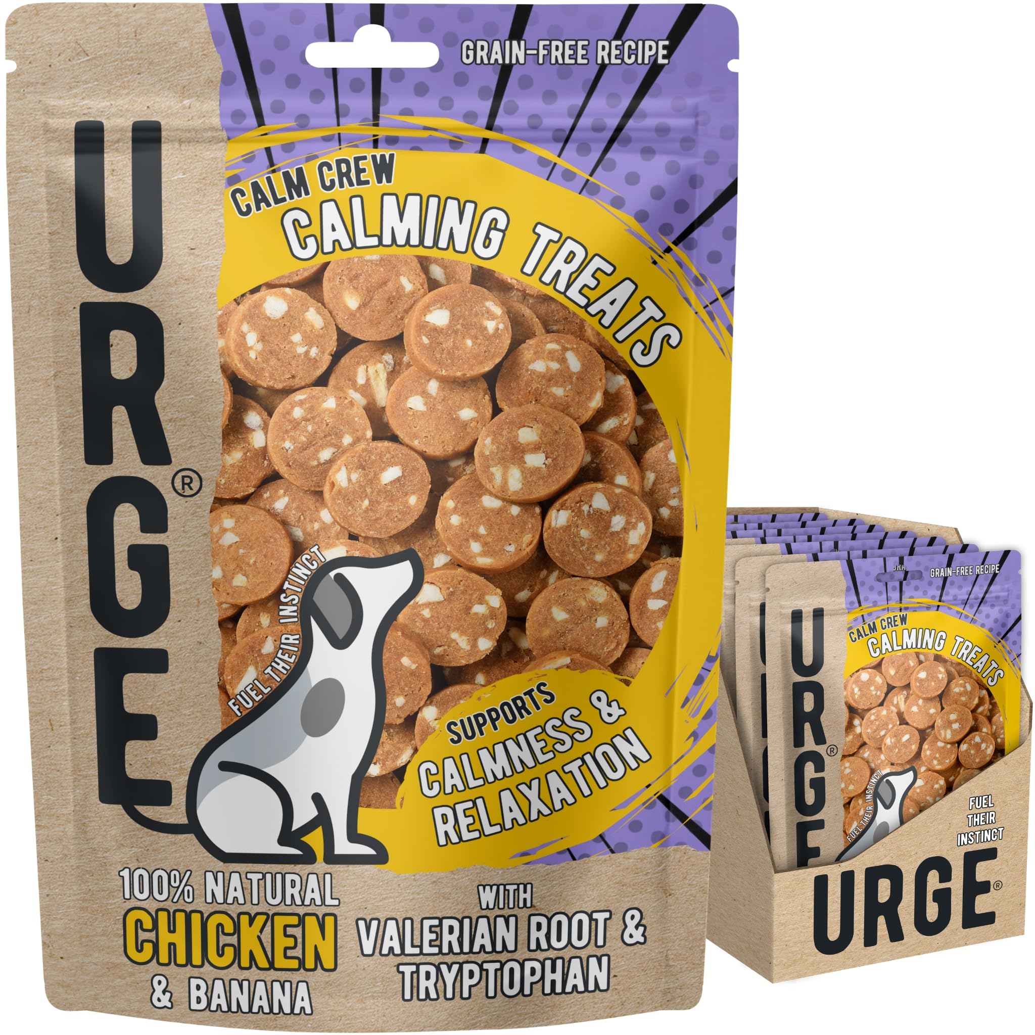 URGE Calm Crew Calming Daily Dog Treats - 8 x 100g Bags - 100% Natural Chicken & Banana with Valerian Root & Tryptophan - 100% Grain Free - Supports Calmness & Relaxation