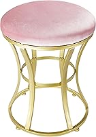 Pink Velvet Round Vanity Stool with Golden Metal Legs - Compact Ottoman Footrest, Makeup Chair for Bedroom, Bathroom, Living Room