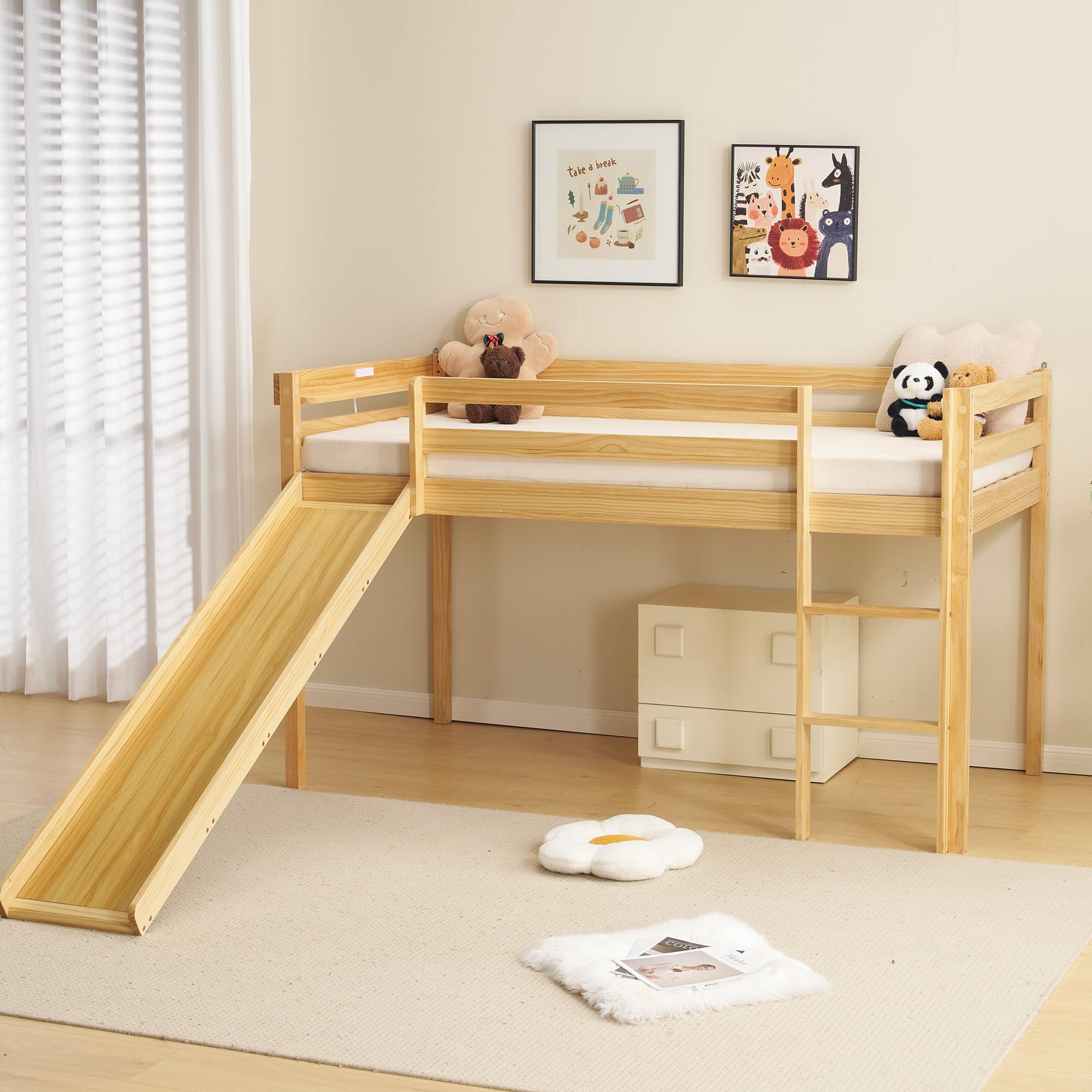限定価格！子供用木製ロフトベッド【滑り台付き】　階段・収納棚付き　NATURAL Amazon.co.jp: SCHGKOY ロフトベッド 子供用 滑り台付き 宮棚付き