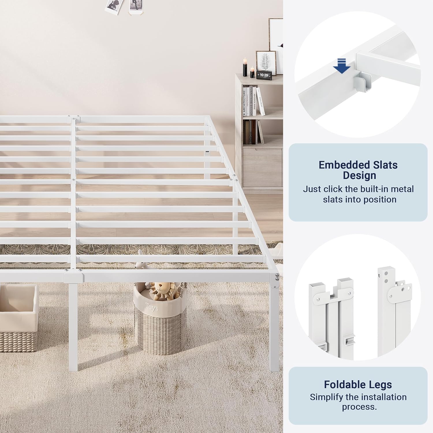 Allewie King Size Bed Frame, 18 Inch Metal Platform Beds with Storage Space, No Box Spring Needed and Easy Assembly, White