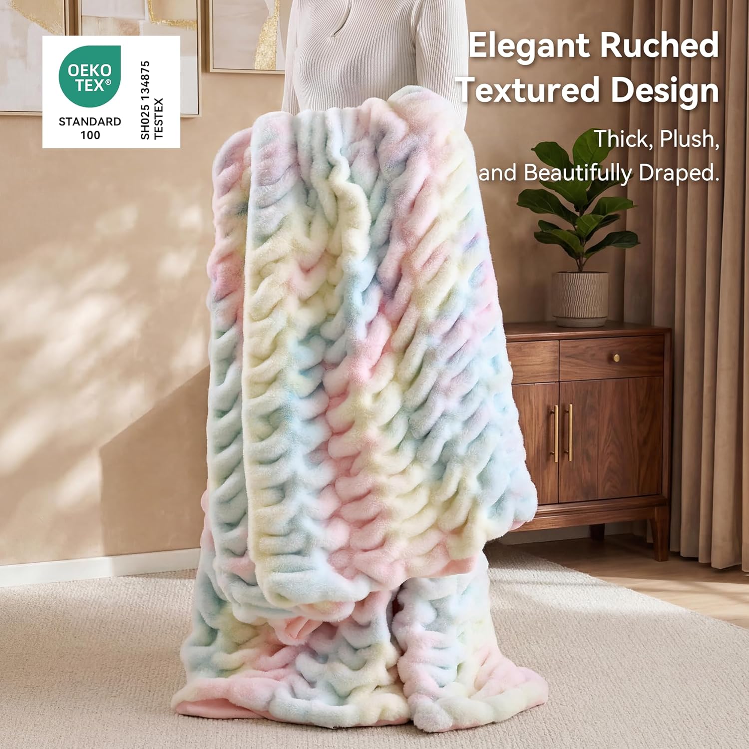 Smoofy Rainbow Throw Blanket for Couch – Ultra Soft Cozy Plush Fluffy Blanket with Faux Rabbit Fur, Fuzzy Lightweight Fleece for Sofa, Bed & Office, Gift for Women, Home Room Decor Throw 60"x 80"