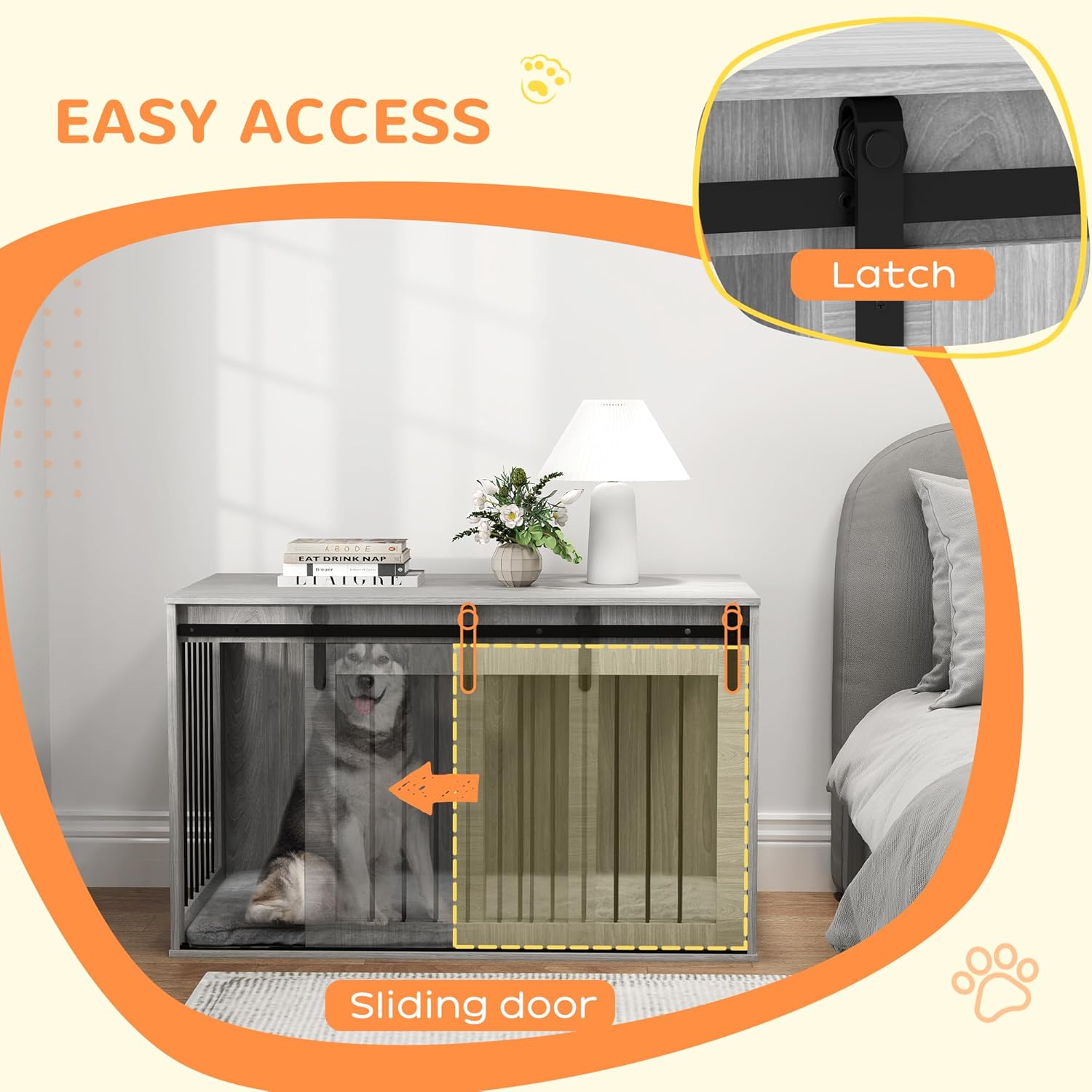 Graphic showing the dog crate functioning as both a dog crate and a side table