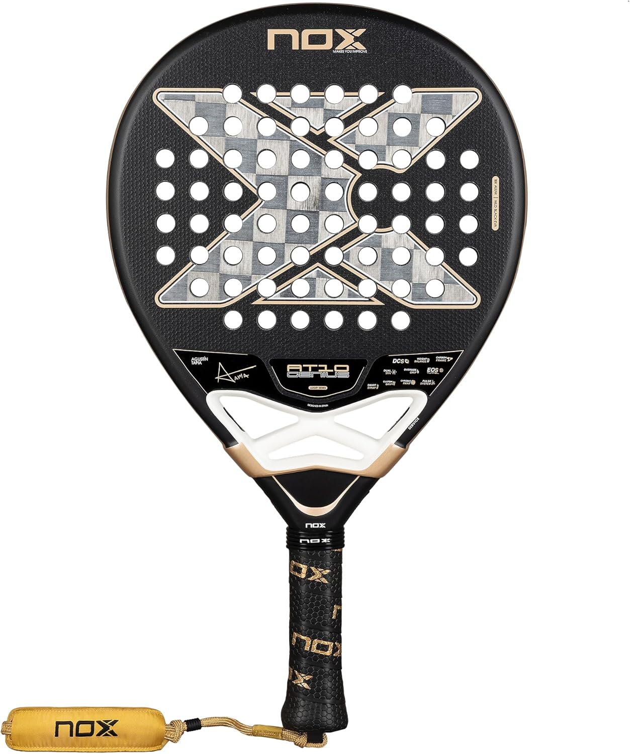 NOX Padel Racket AT10 Genius 18K Alum 2026 | Agustin Tapia Teardrop Shape Pala Padel | Weight Balance System, 18K Alum Carbon Face, MLD Black Eva | EOS Tunnel Agility, Custom Grip, Dual Spin Surface