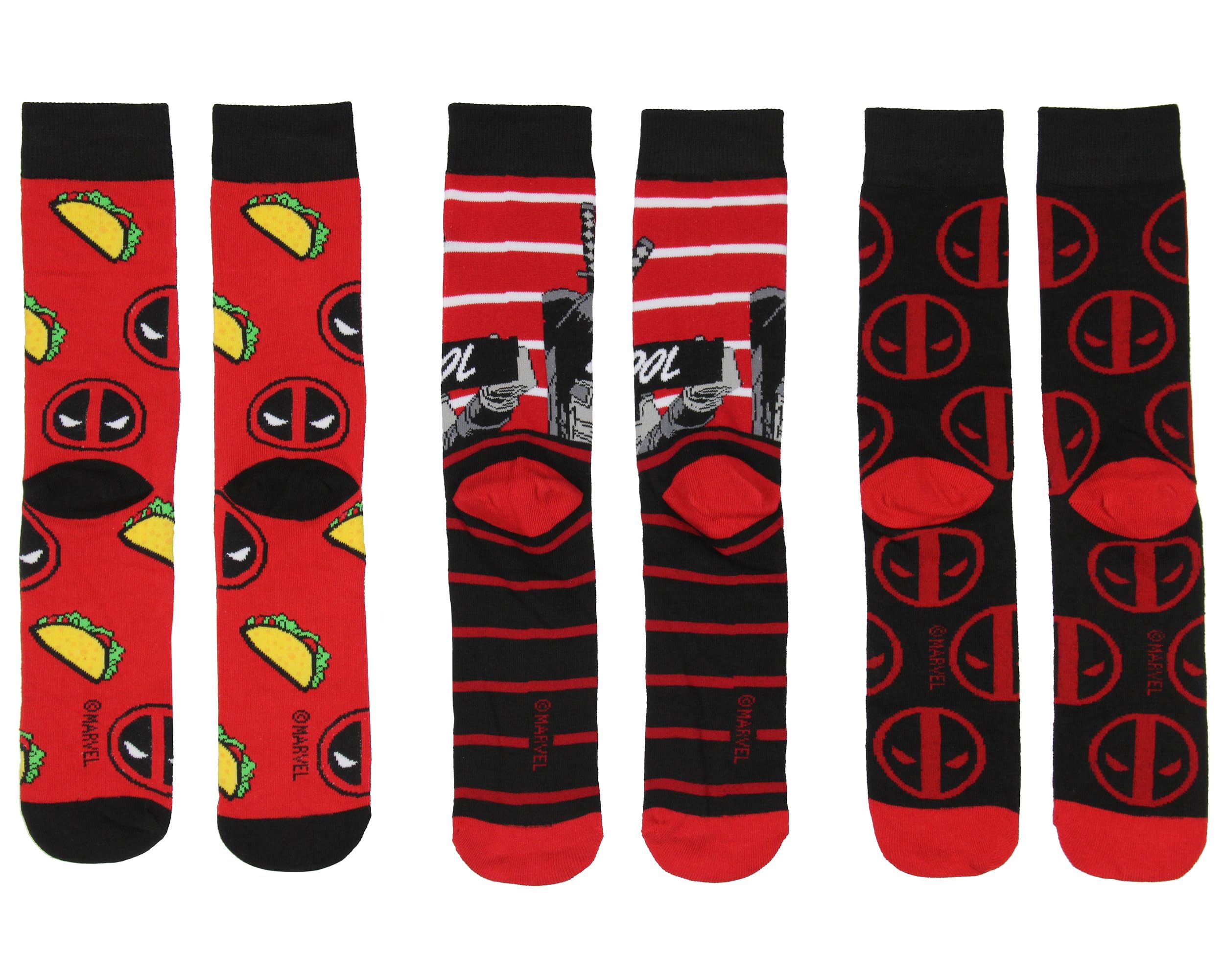 Bioworld Marvel Deadpool The Degenerate Herren-Socken, wadenhoch, Größe 42-47, 3er-Pack, Mehrfarbig, Einheitsgre