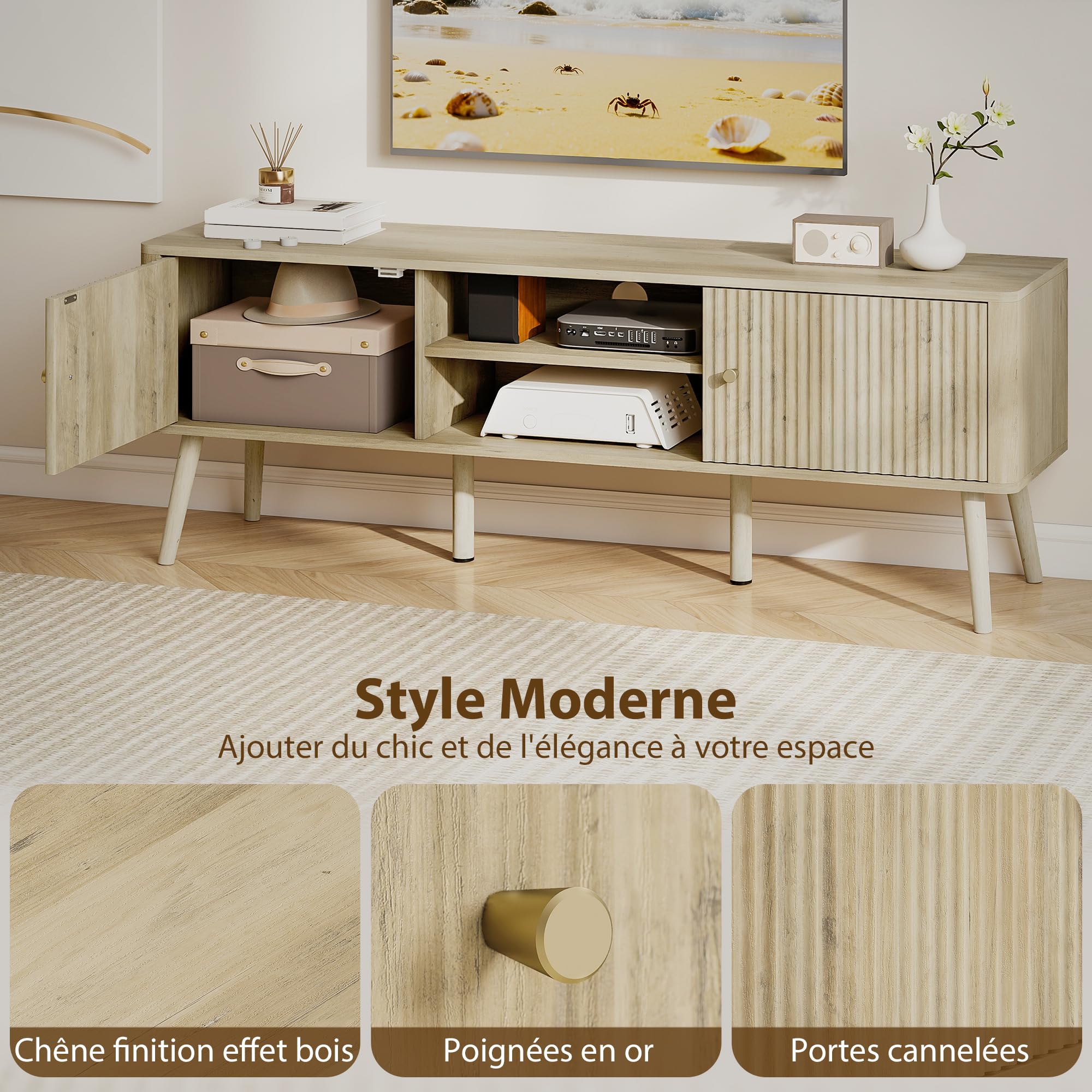 HOMCOM Meuble TV 140 cm, Meuble télé pour téléviseur jusqu'à 65 Pouces avec 2 Portes, 2 Compartiments Ouverts, étagère réglable et Pieds en pin, Banc TV pour Salon, Chambre à Coucher, chêne