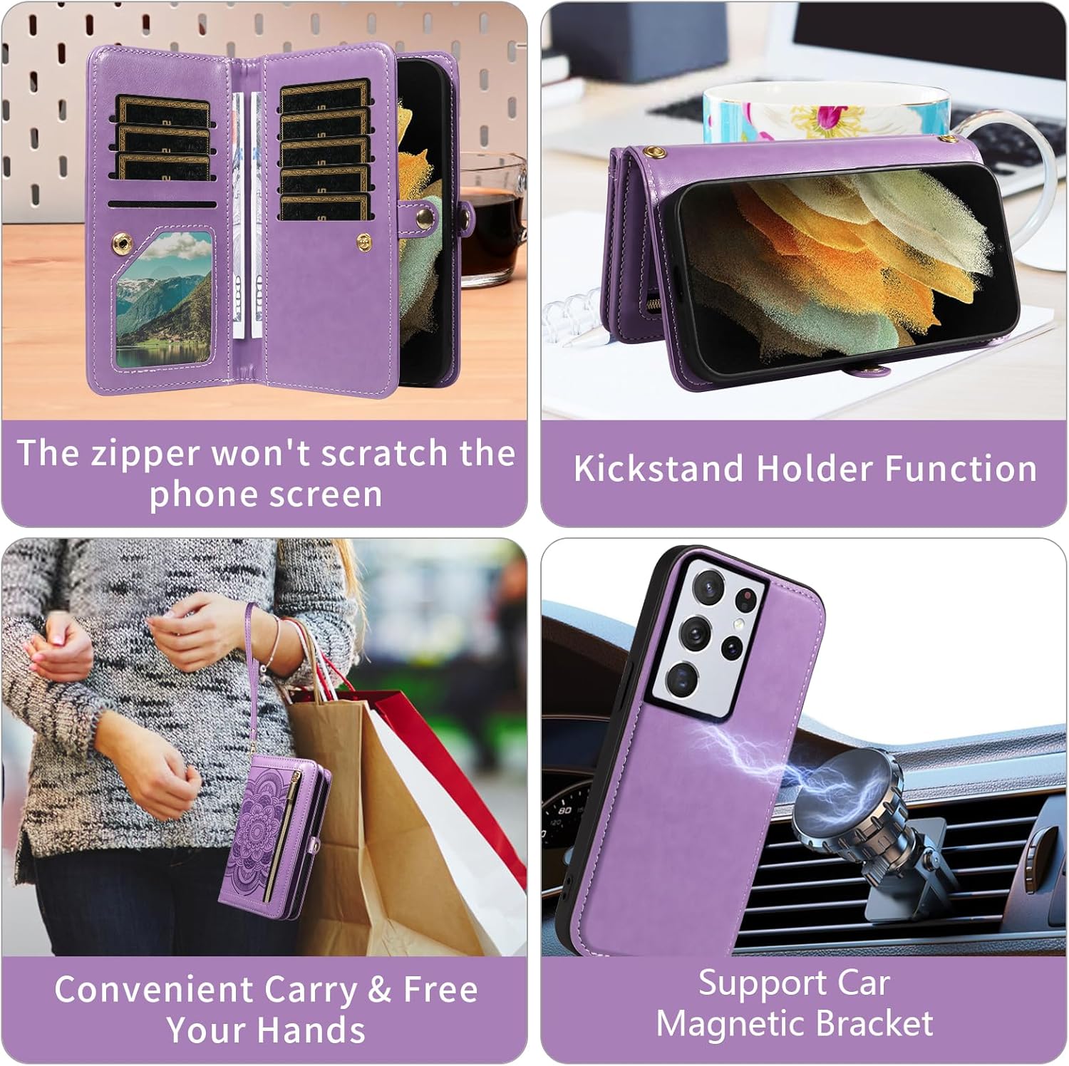 Asuwish Phone Case for Samsung Galaxy S21 Ultra 5G Zipper Wallet Detachable Cell Cover with Tempered Glass Screen Protector Crossbody Strap Flower Card Holder S21ultra 21S S 21 21ultra G5 Women Purple