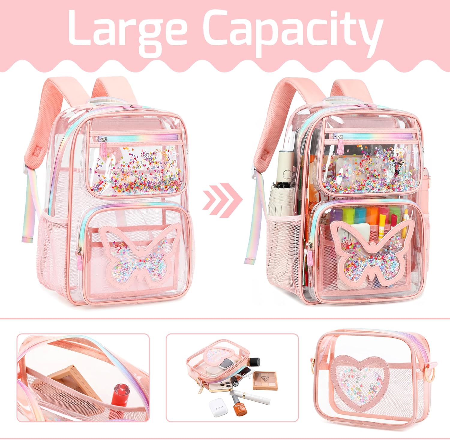 Clear Backpack for Girls,Transparent Backpacks Crossbody Bag for Kids Heavy Duty See Through School Bag Clear Bookbag (Pink1, Large) - Image 3