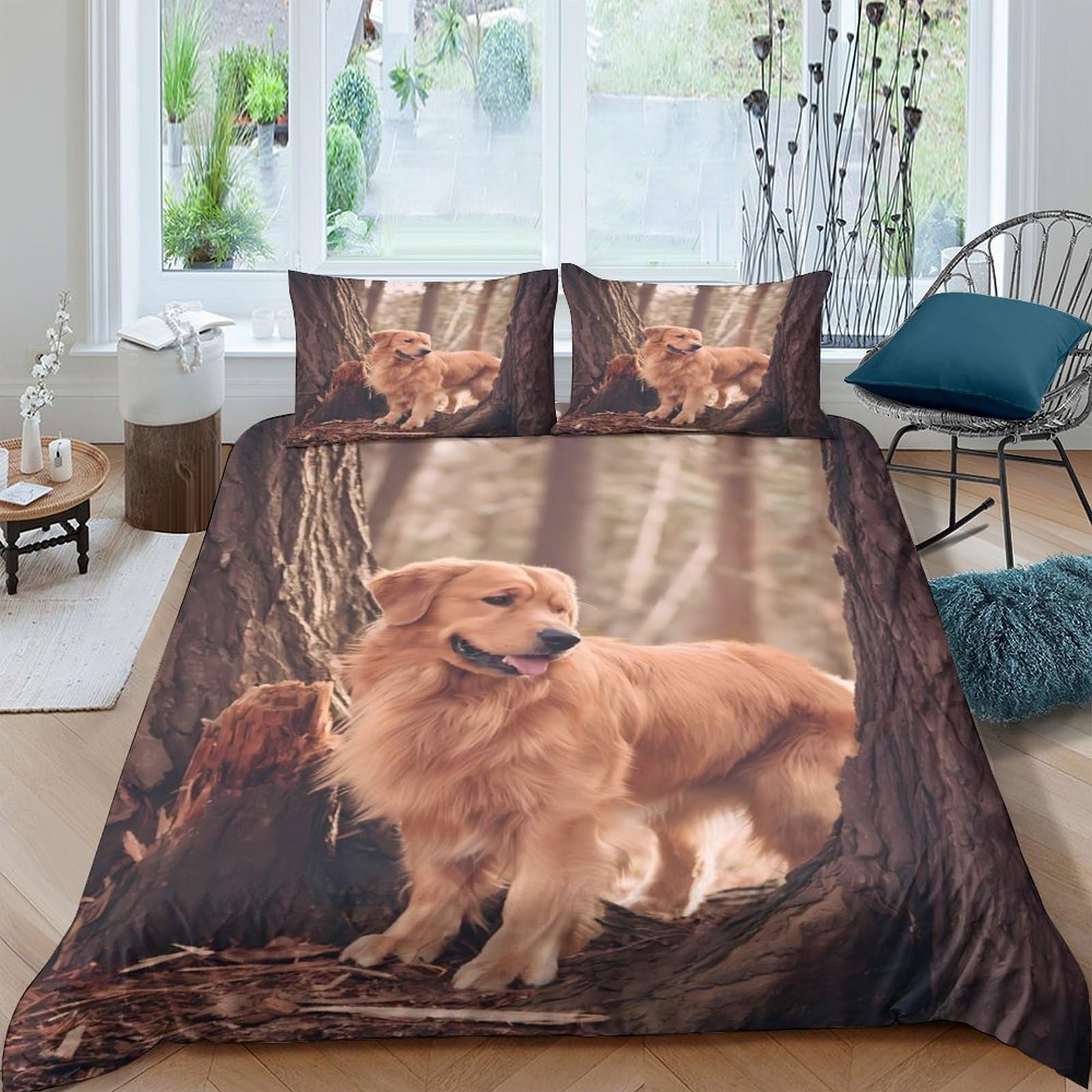 GPLZQXKJNH 3D Printed Golden Retriever Duvet Cover Microfiber Brown Animal Forest Bedding Set with 2 Pillowcases for Bedroom Decor Single（135x200cm）