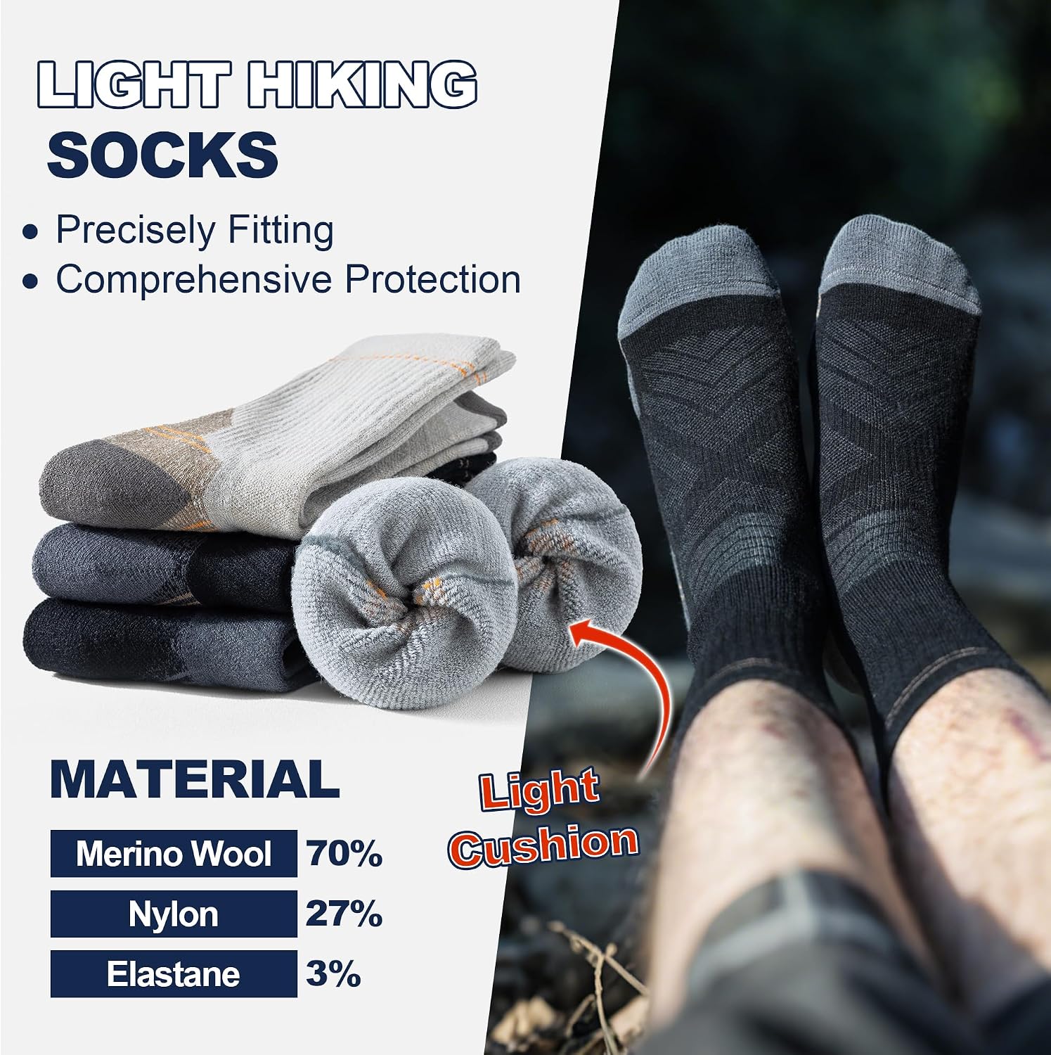 BISOUSOX Mens Merino Wool Socks 70% Wool, Lightweight Cushion Crew Dress Socks, Breathable Sock for Boot, Light Hiking