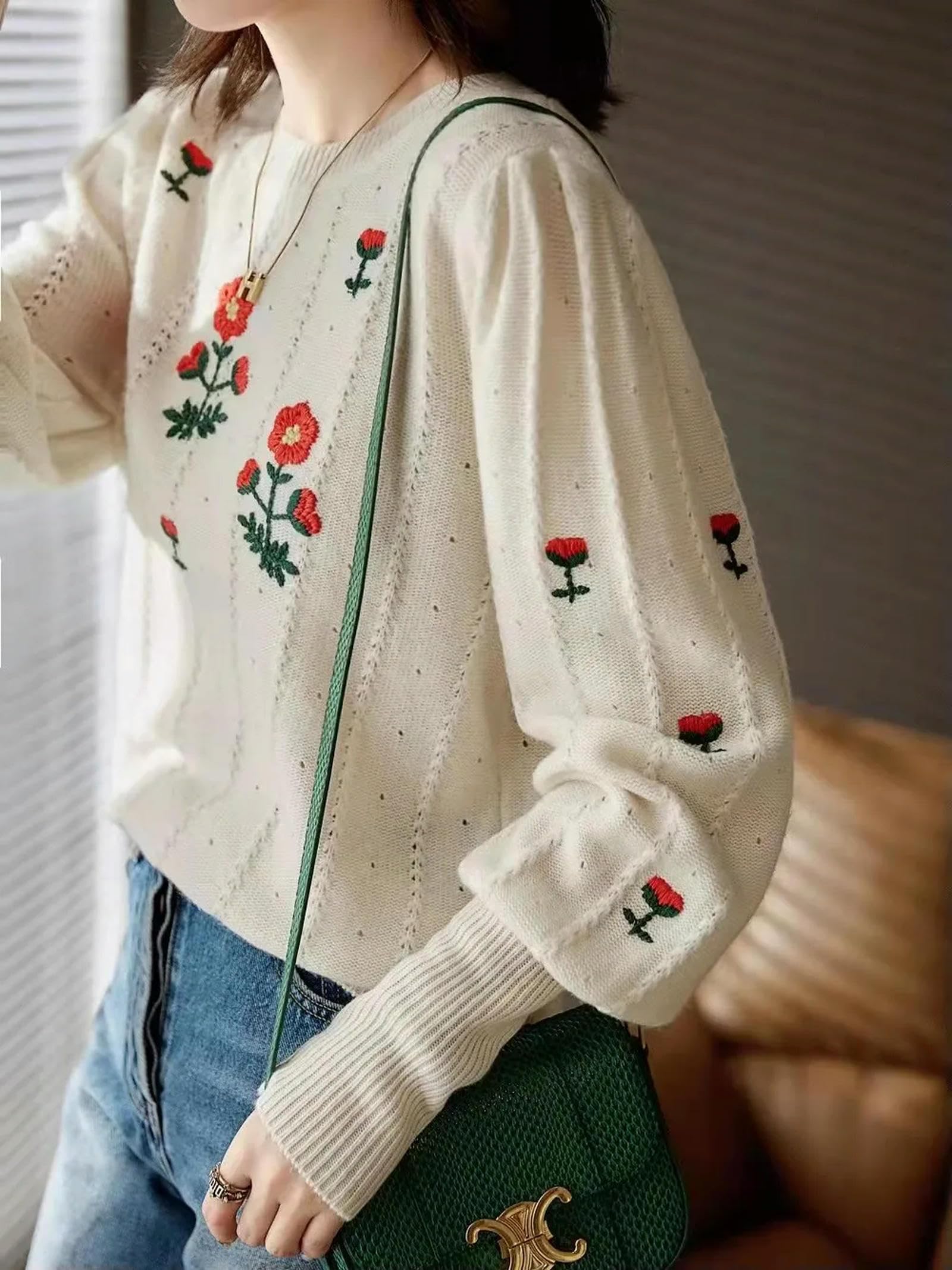 Sweter dla kobiet vintage dzianinowy sweter sweter damski rękaw latarnia okrągły dekolt dzianina topy eleganckie damskie skok