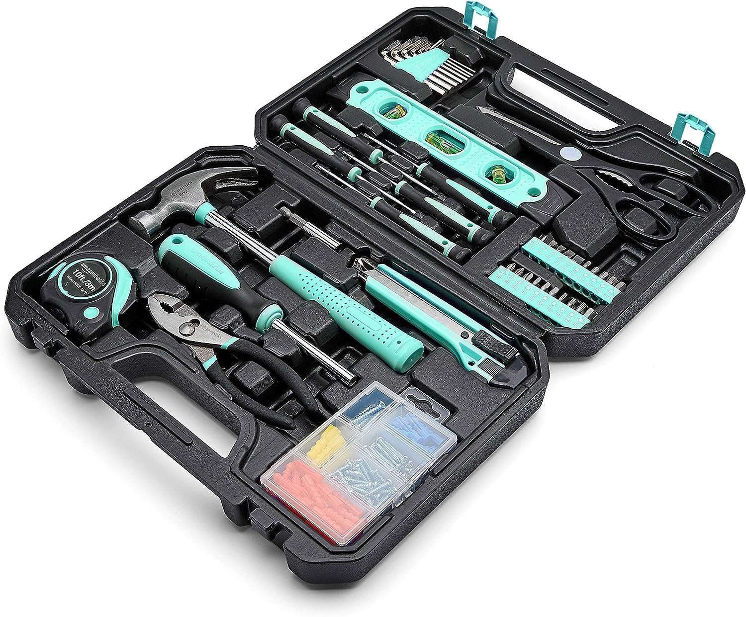 Amazon Basics Tool Kit with Storage Case, 142-Piece Household Tool Set for DIY Projects and Home Repairs, Turquoise