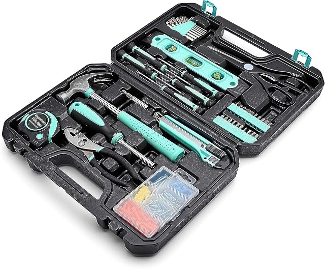 Amazon Basics Household Tool Kit With Storage Case, 142 Piece, Turquoise, 33.99 cm x 23.5 cm x 7.49 cm