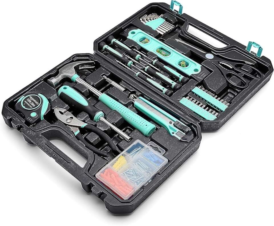 Amazon Basics 142-Piece Household Tool Kit for Home Repair, Hand Tools with Storage Case, 13.39 x 9.25 x 2.95 inch, Turquoise