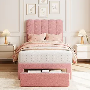 GarveeHome Twin Bed Frame with Under-Bed Drawer, Upholstered Platform Bed with Wave Headboard for Kids/Girls, Wooden Slats Support, No Box Spring Needed, Boucle Pink