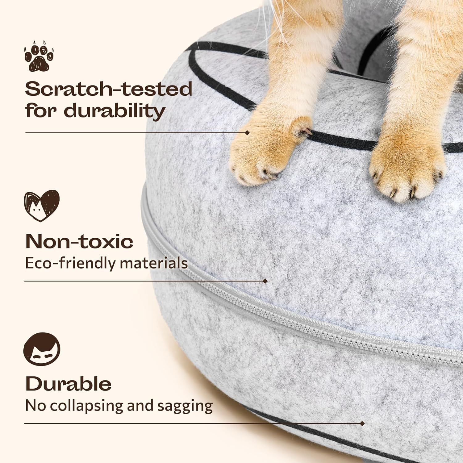 Meowfia Scratch-Resistant Felt Cat Cave – Donut Tunnel Bed for Indoor Cats – Multi-Cat Hideaway in Cute Patterns (Light Gray)