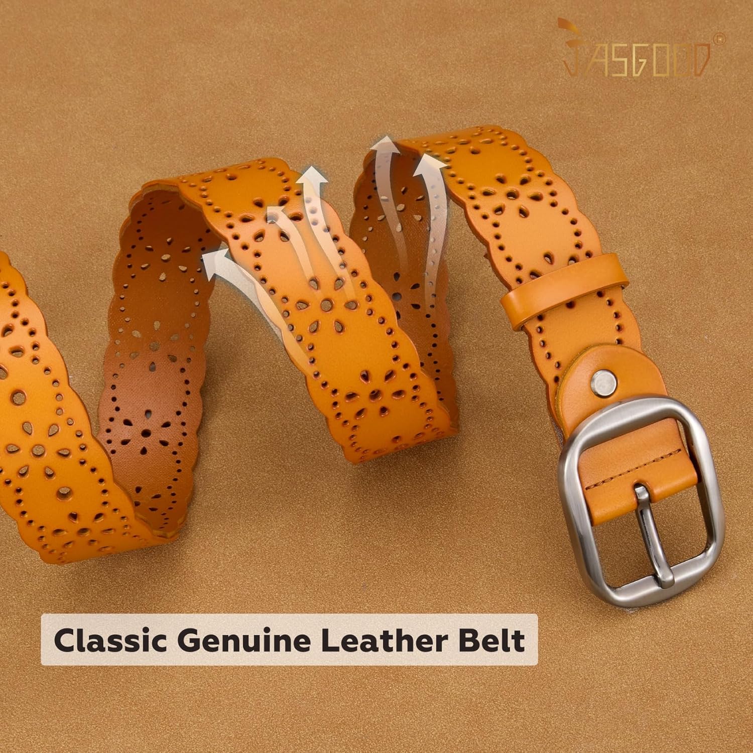 JASGOOD Women's Hollow Flower Genuine Leather Belt for Jeans Pants Wide Belt for Ladies - Image 5