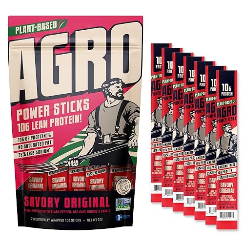 AGRO POWER - Palitos de cecina vegana, sabor original sabroso, bolsa de 7 palitos de cecina a base de plantas con 0.35 onzas de proteína, sin OMG,