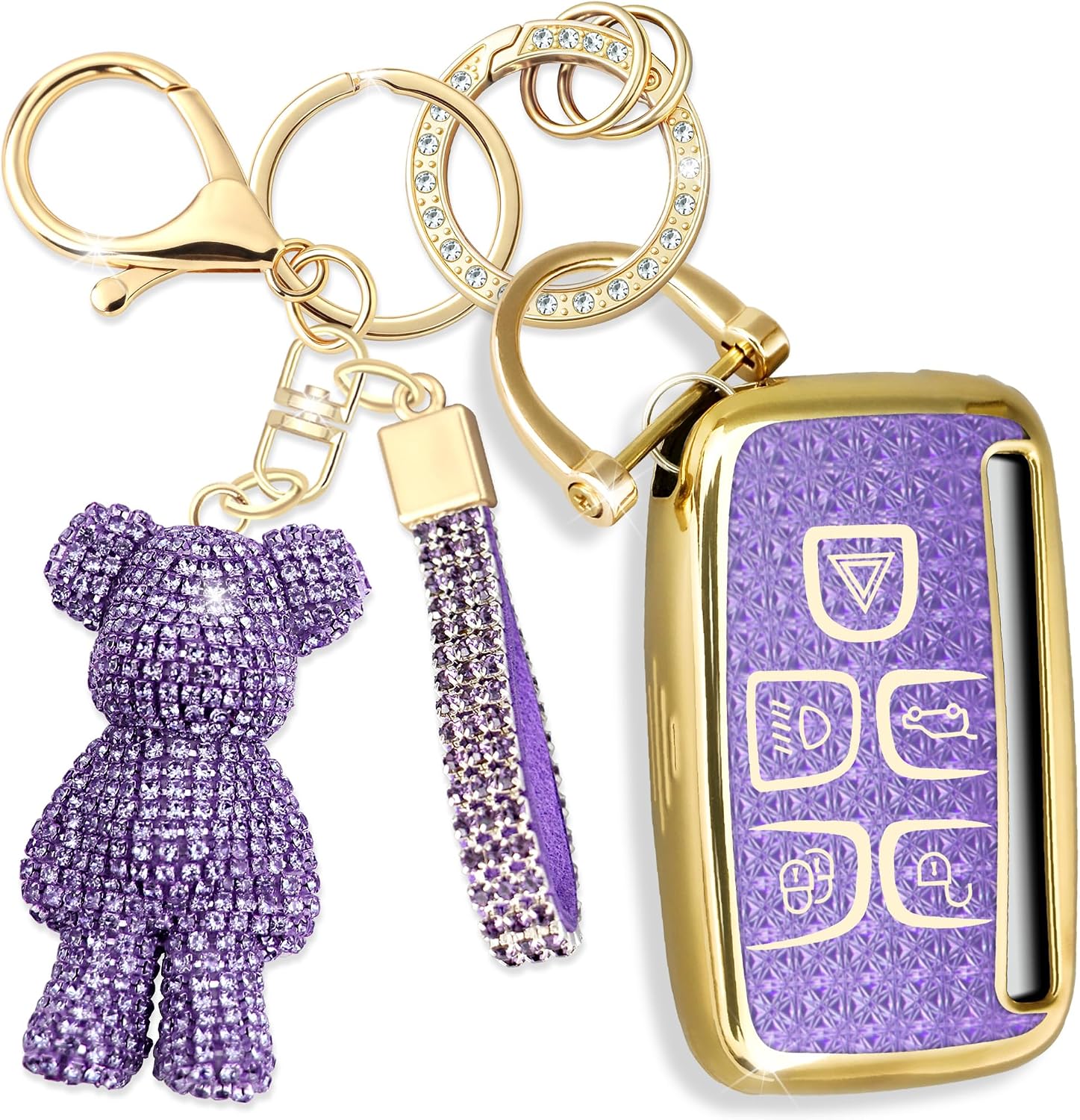 Cute Key Fob Cover with Rhinestone Bear Charm, Bling TPU Smart Key Case for Women, Compatible with Land Rover LR2 LR4 Range Rover Discovery Jaguar XJ XF XK (5-Button, Gold Purple)