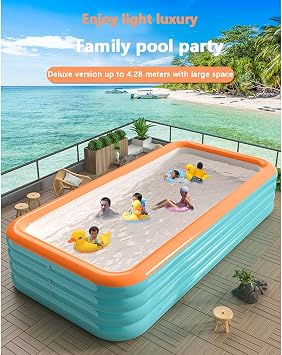 Inflatable Family Pool for Kids and Adults, Family Garden Pool, Rectangular Inflatable Pool, 4 Tier Foldable Inflatable Pool, Summer Party in Outdoor Indoor Pool