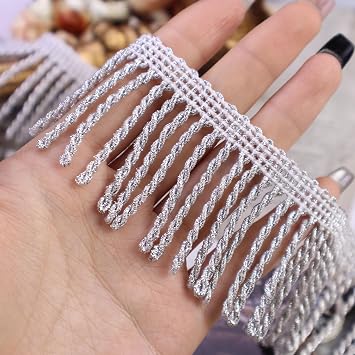 Silver Bullion Fringe Trim Chainette Tassel Trim for Sewing, DIY Crafts, Lampshade, Pillow, Curtain, Costume, Latin Dance Dress & Home Decor(3 Yards, 1.8 Inch)