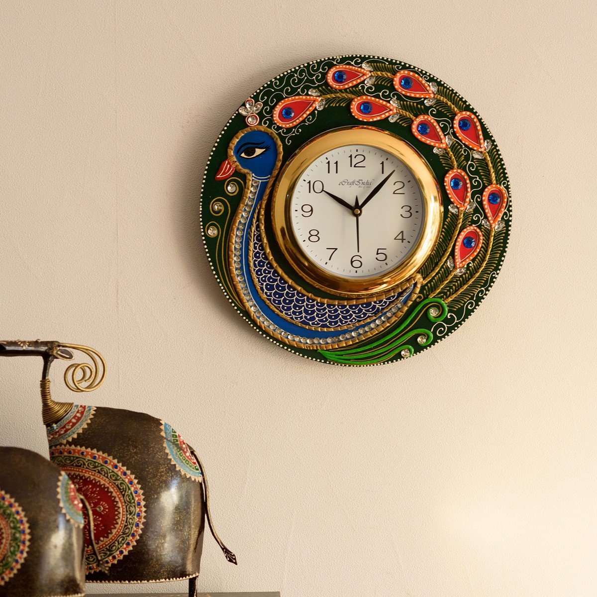 eCraftIndia Peacock Design Decorative Handcrafted Wooden and Papier-Mache Wall Clock (30 cm x 2.5 cm x 30 cm)