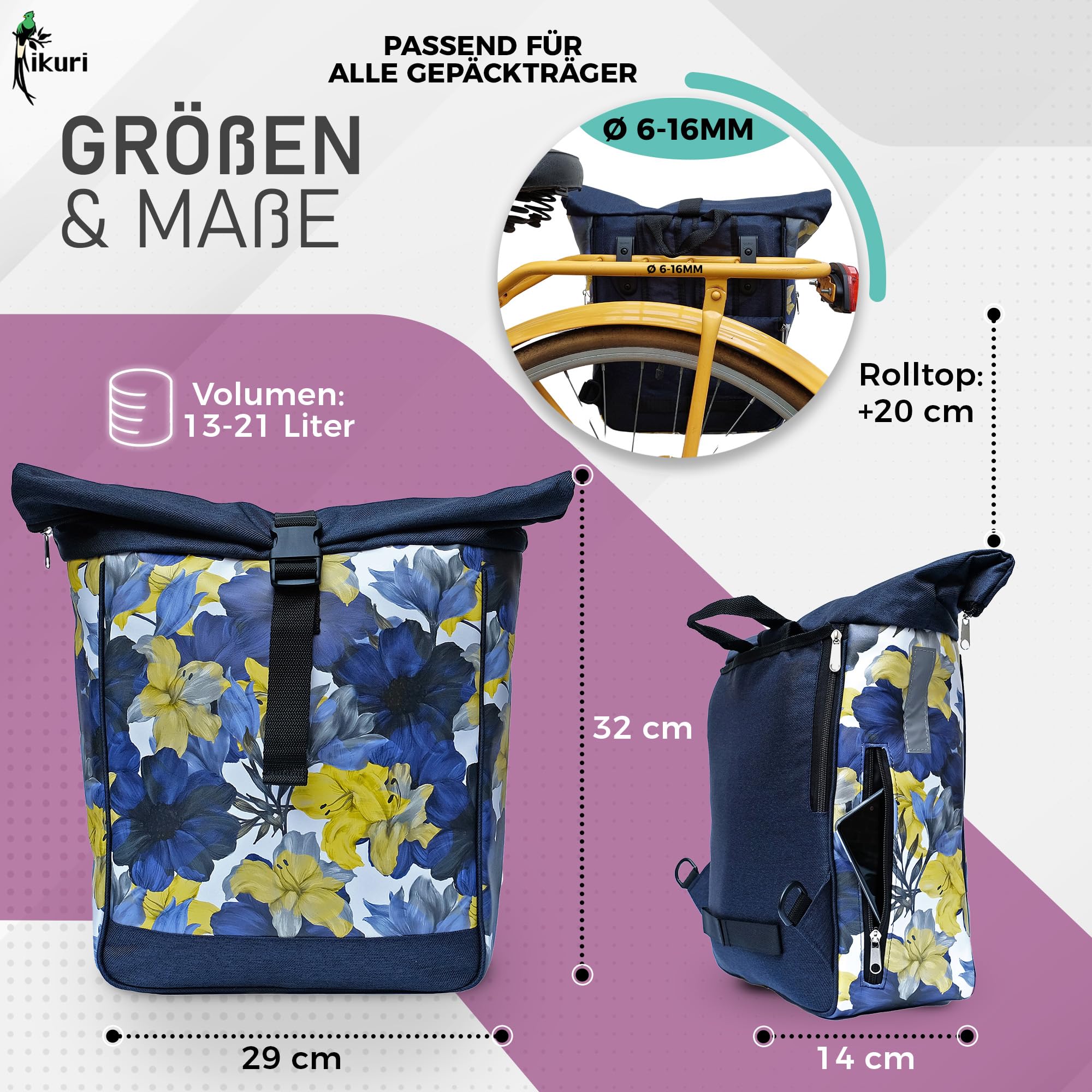 Ikuri Fahrradtasche/Rucksack Kombi Fahrradrucksack aus Plane für Gepäckträger Packtasche Wasserdicht für Frauen