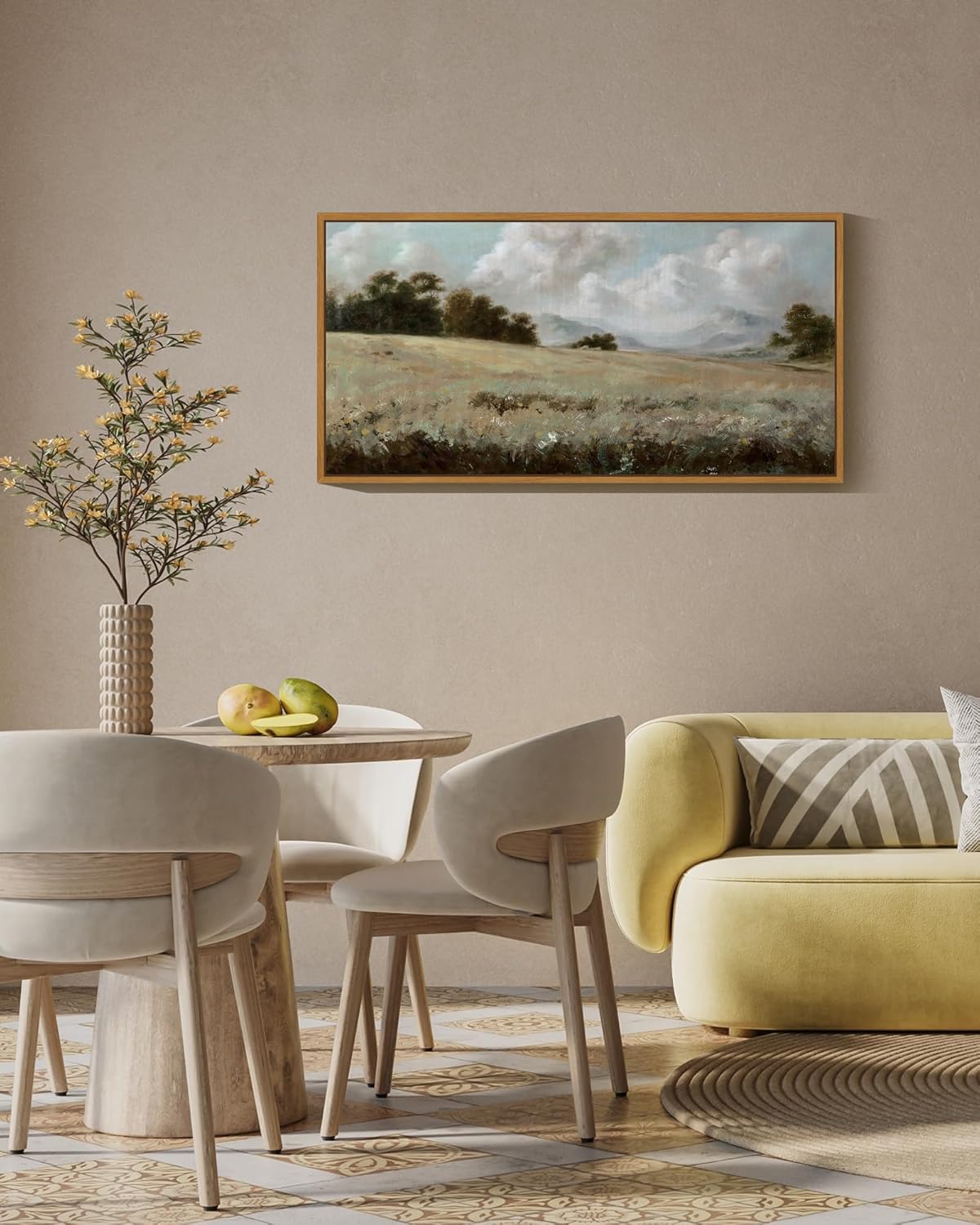 SHENIFY 20x40in Extra Large Vintage Framed Wall Art Rustic Grassland Meadow Landscape Painting Retro Wilderness Scenery Farmhouse Bedroom Above of Bed Living Room Decor - Natural Framed