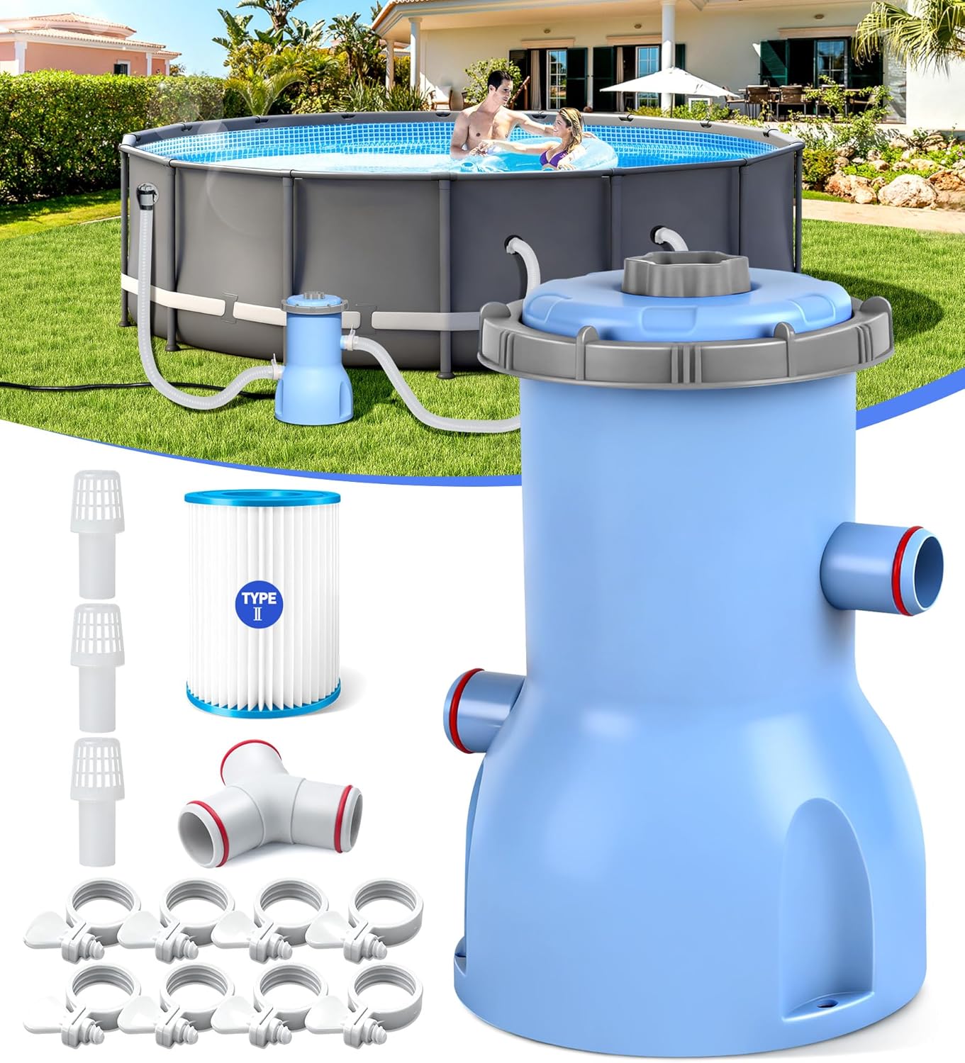 LuxBlue 2026 Improved 530 GPH Small Pool Filter Pump | ETL Certified Cartridge Filter Pump for Above Ground Pools | Water Circulation System- Quickly Remove Debris, Enhance Crystal-clear Pool Water