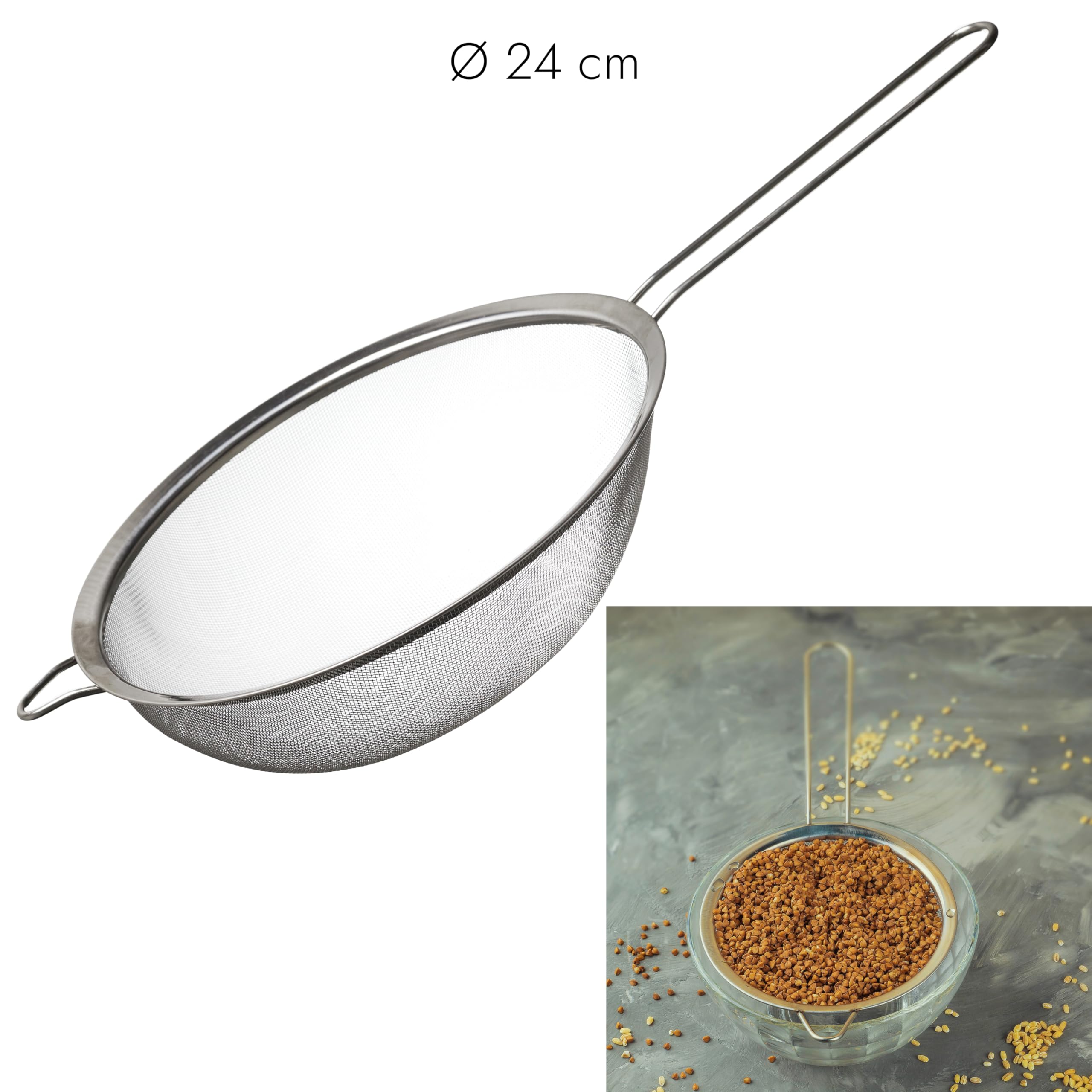 COOK CONCEPT, KU6763, Sitko ze stali nierdzewnej 24 cm, Praktyczne i eleganckie naczynie kuchenne, Idealne do owoców, warzyw i sosów, Łatwe w czyszczeniu, Srebrne