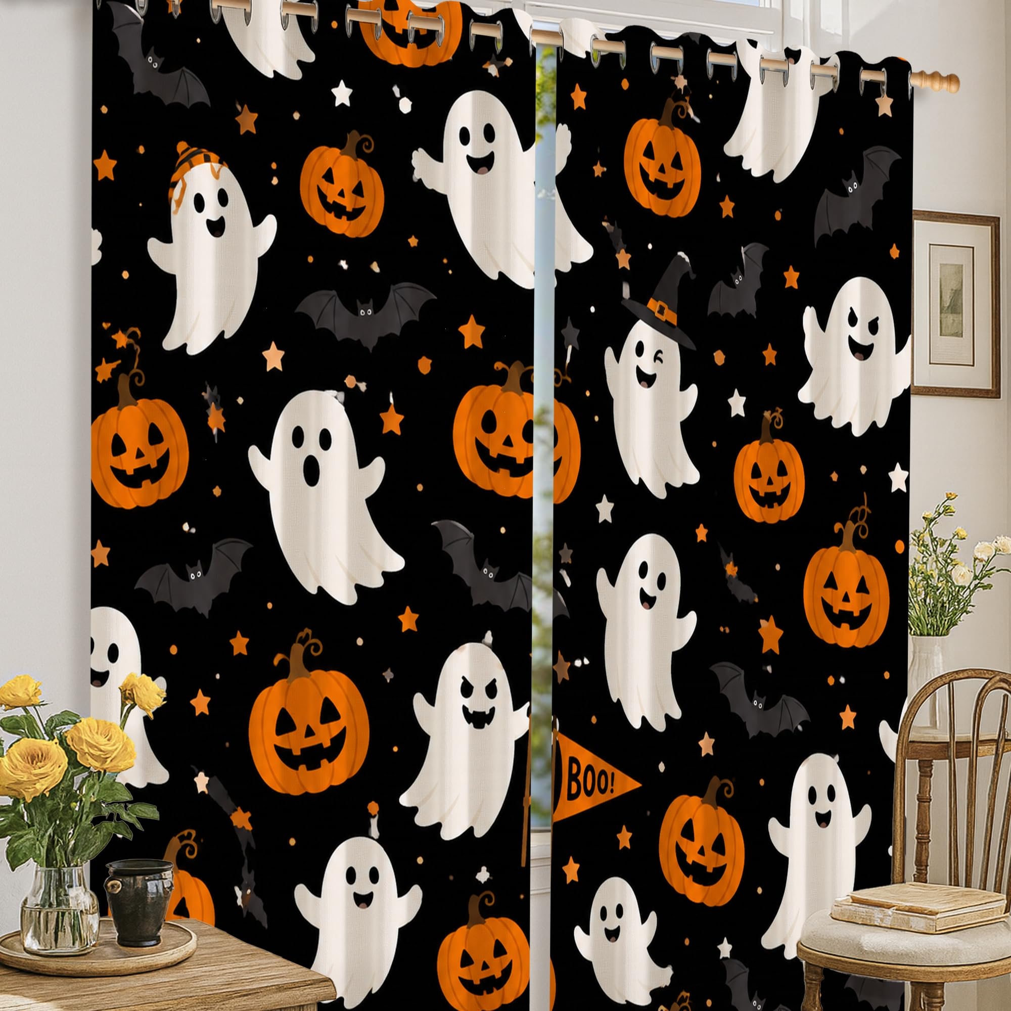 Rideaux occultants Halloween motif fantôme et citrouille lavables noir 132x160cm
