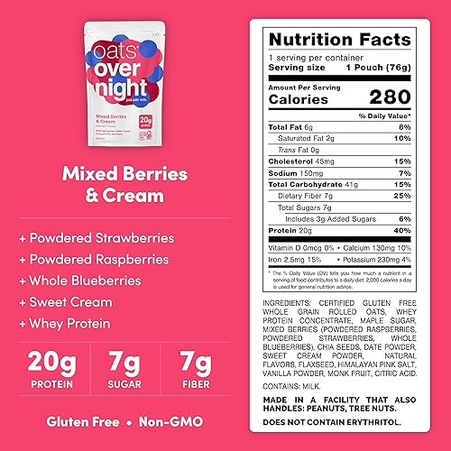 Miniatura 2 de Oats Overnight Mezcla de bayas y crema, avena durante la noche con 0.71 onzas de proteína, batido de proteína de desayuno alto en fibra, avena sin