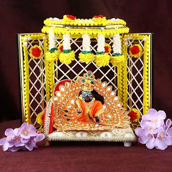 Satvik 1 Pc Laduu Gopal Phool Bangla Pujan Mandir Flower Backdrop Stand Singhasan Asan Lord Krishna Kishan Thakurji God Sculpture Murti Idol Statue Diwali Floral Stand Housewarming Return Gifts Item
