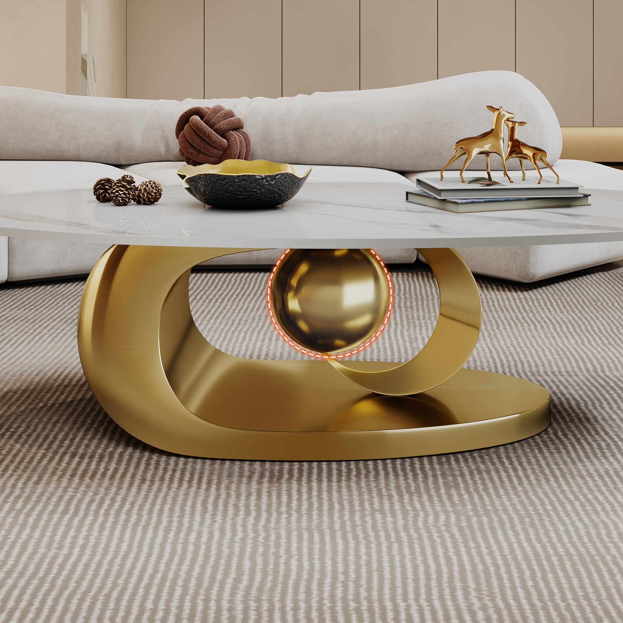 Modern Coffee Table with Gold Stainless Steel Pedestal,Oval