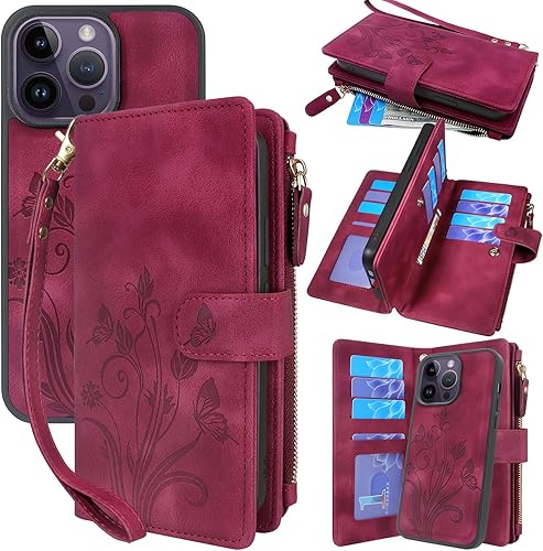 Lacass Funda compatible con iPhone 14 Pro Max de 6.7 pulgadas ranuras para tarjetas Funda de piel con bolsillo con cremallera y correa para la