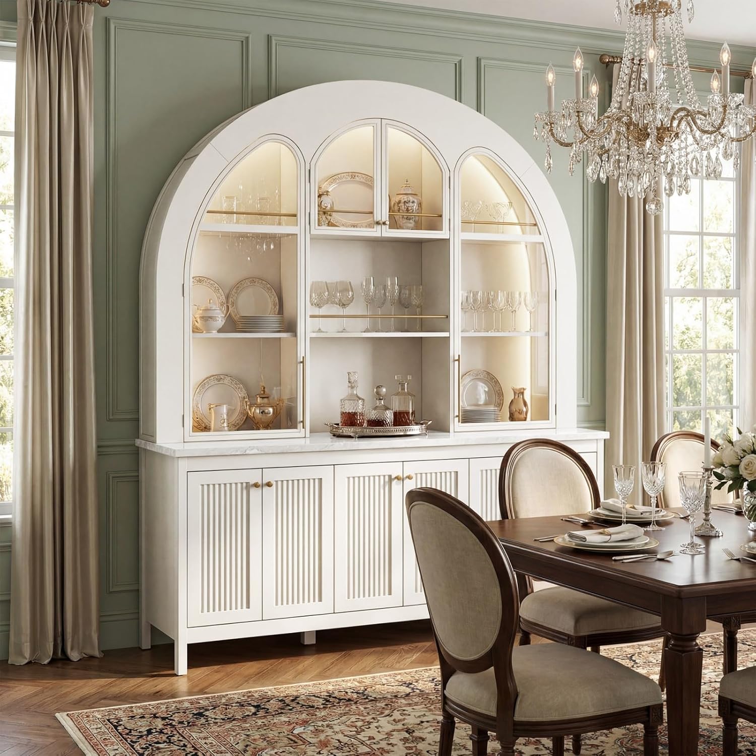 FAMAPY 63 Inch Arched Top Buffet Sideboard with LED Lights and Glass Doors, Faux Marble Countertop, Fluted Door, Gold Handles, Kitchen Buffet Hutch, White