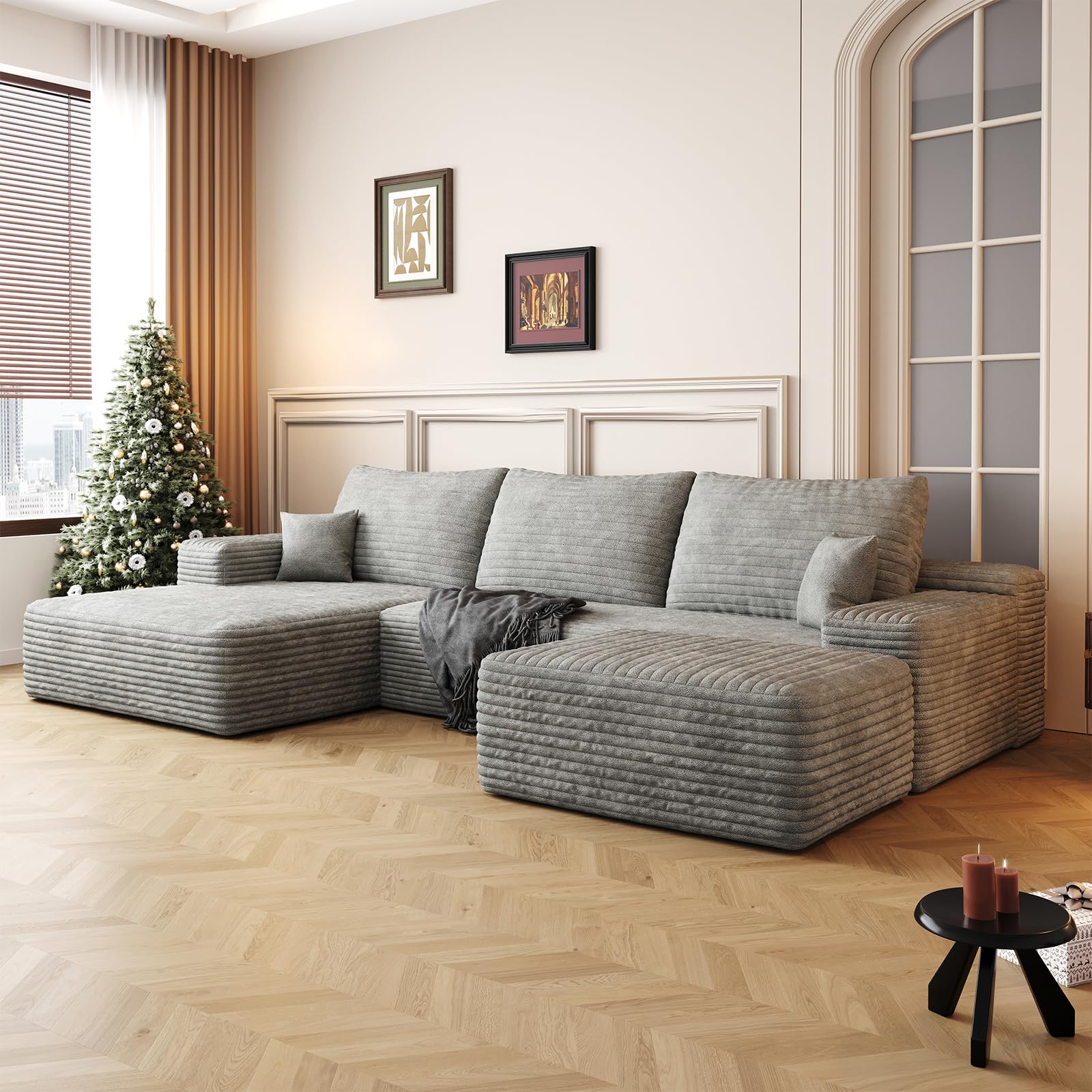 107.5" Large U Shaped Sectional Couches Compressed Boneless Couch with Ottoman for Living Room, Grey Corduroy Cloud Modular Sectional Sofa, Memory Foam, No Assembly?Left Facing Chaise (Left arm chair and ottoman only) 