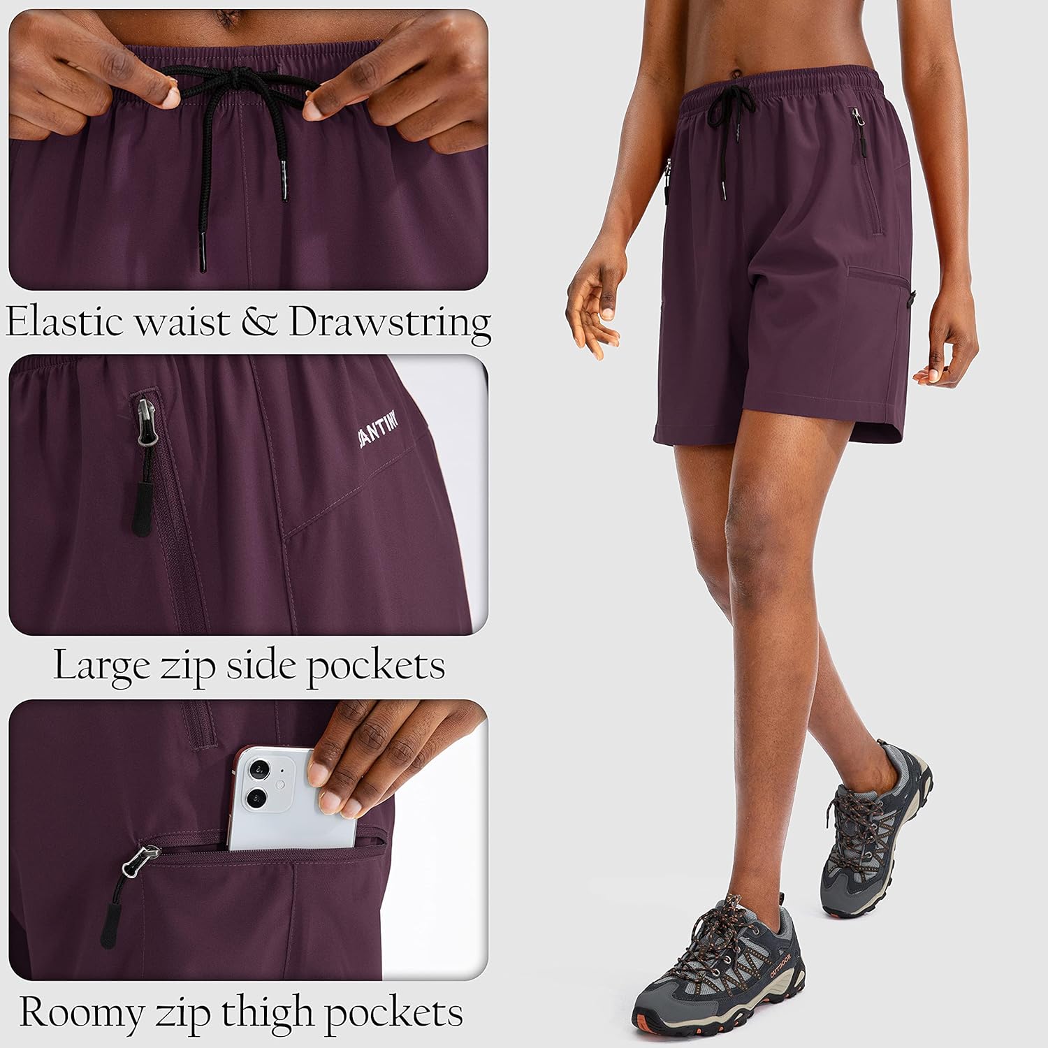 SANTINY Women's Hiking Cargo Shorts Quick Dry Lightweight Summer Shorts for Women Travel Athletic Golf with Zipper Pockets : Clothing, Shoes & Jewelry